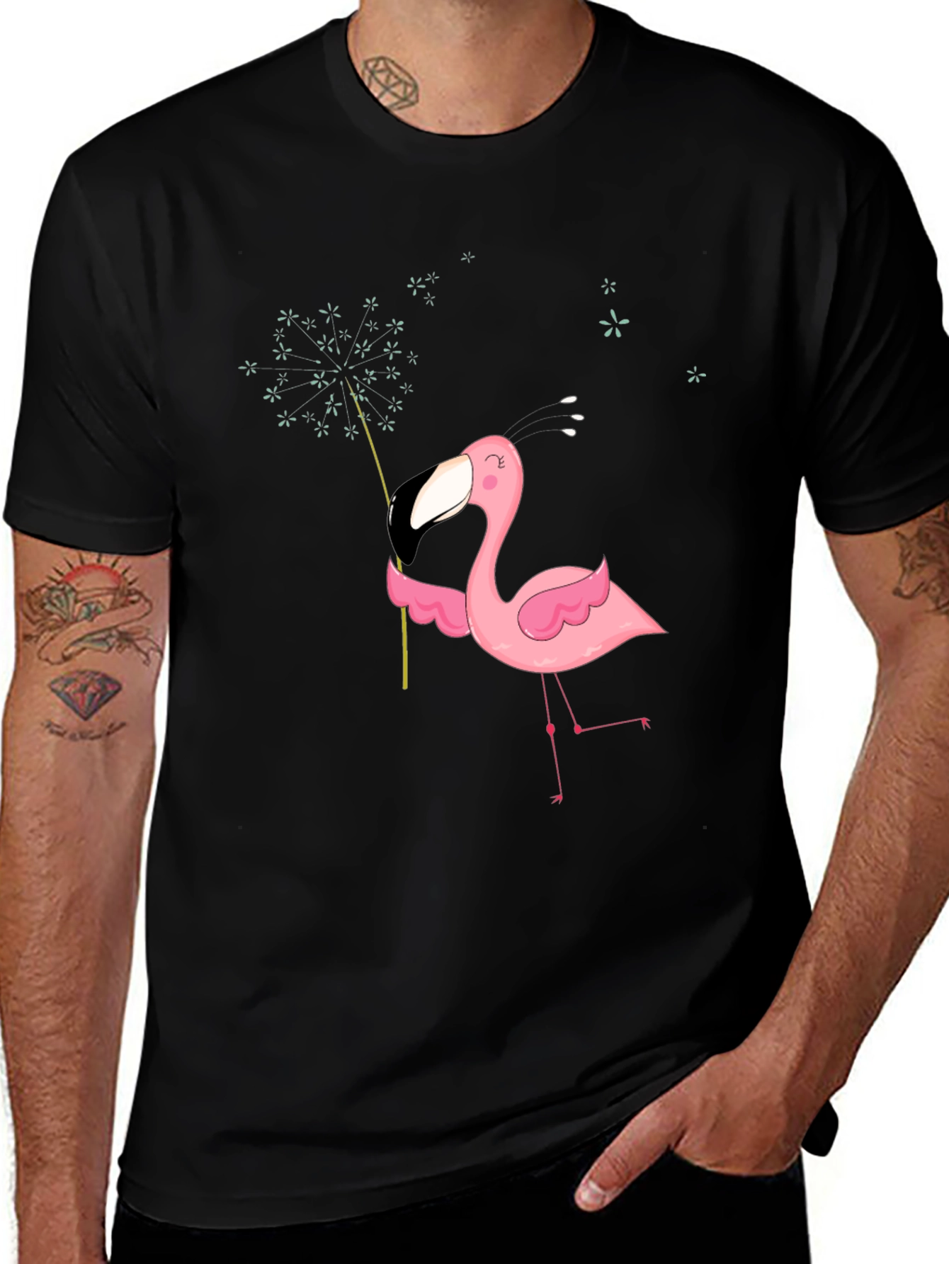 Mens Black T-Shirt with Flamingo Graphic