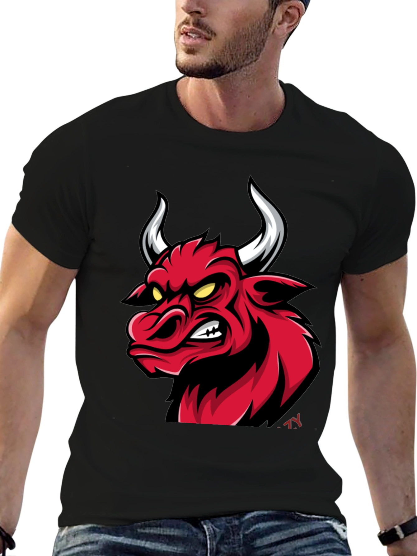 Mens Black T-Shirt with Red Bull Graphic