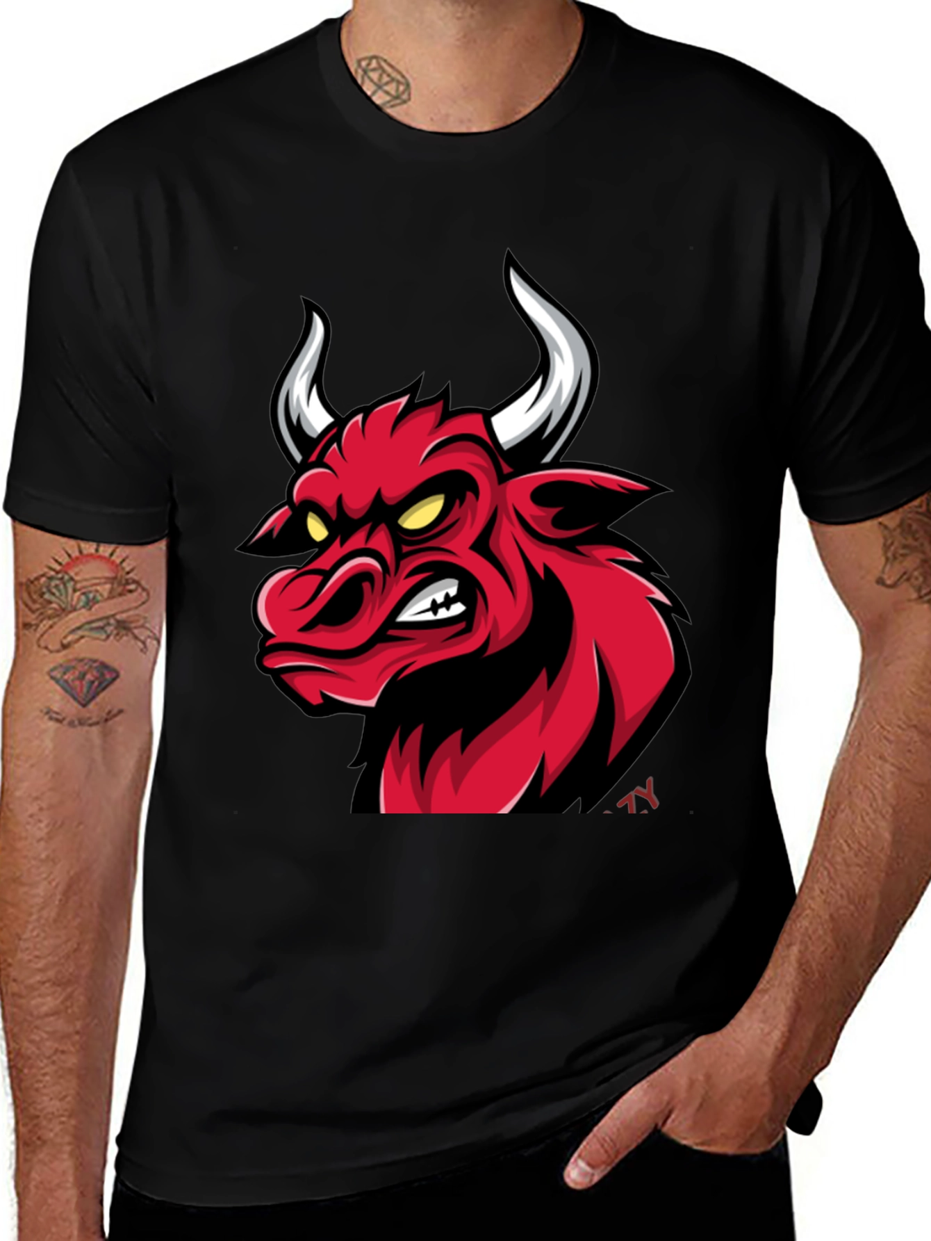 Mens Black T-Shirt with Red Bull Graphic