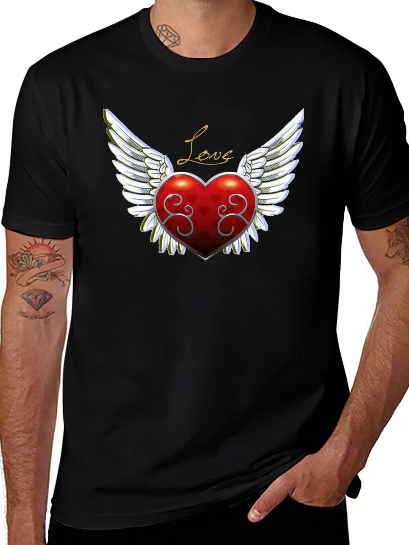 Love Heart Wings Graphic Tee - Mens Black T-Shirt