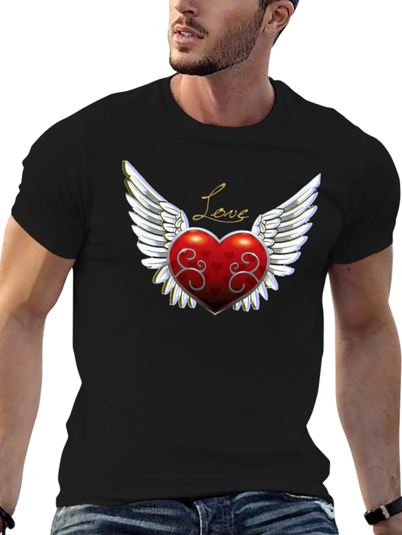 Love Heart Wings Graphic Tee - Mens Black T-Shirt
