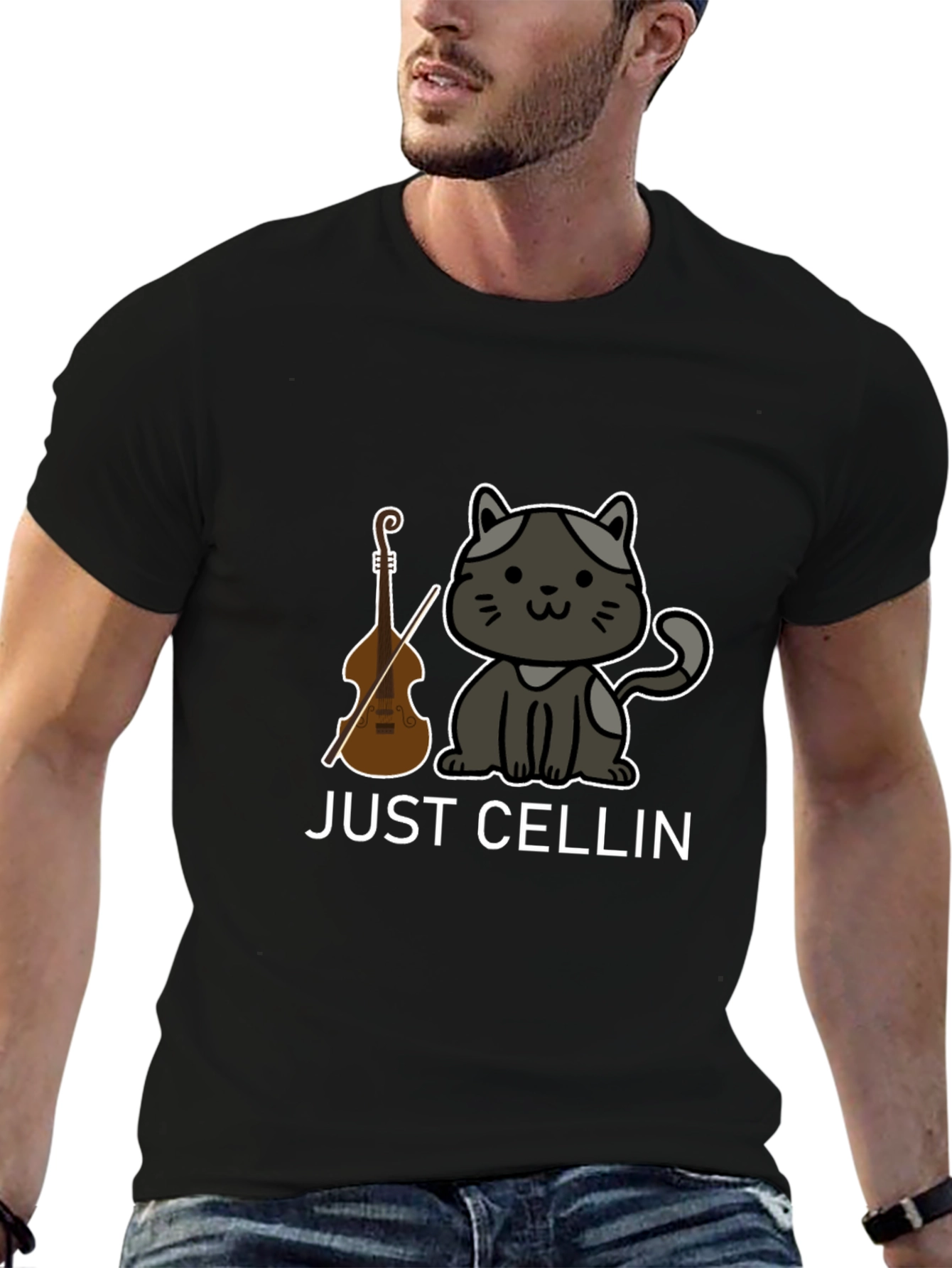 Just Cellin Black T-Shirt - Cat & Cello Design