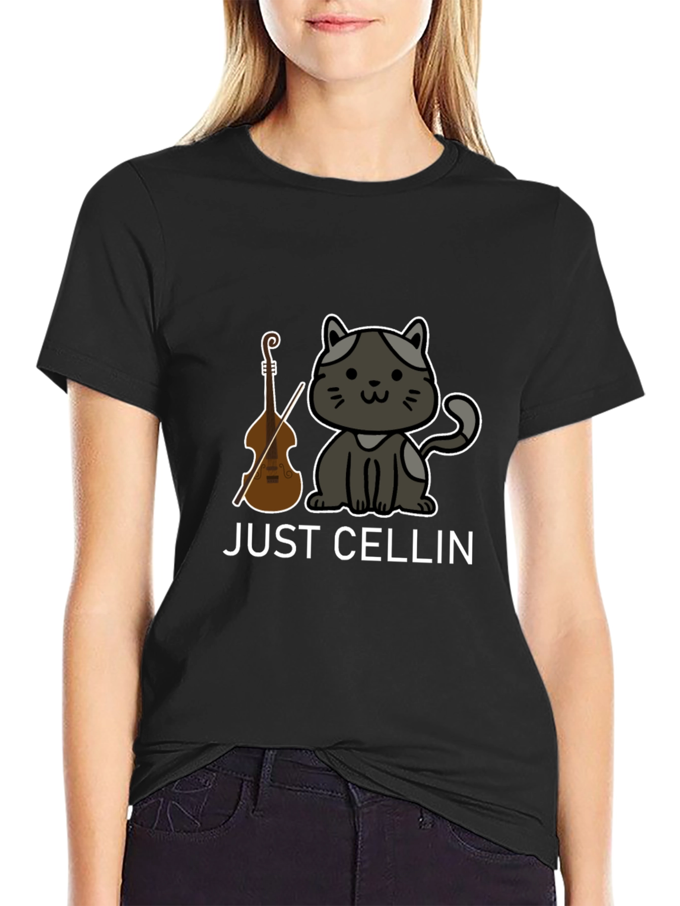 Just Cellin Black T-Shirt - Cat & Cello Design