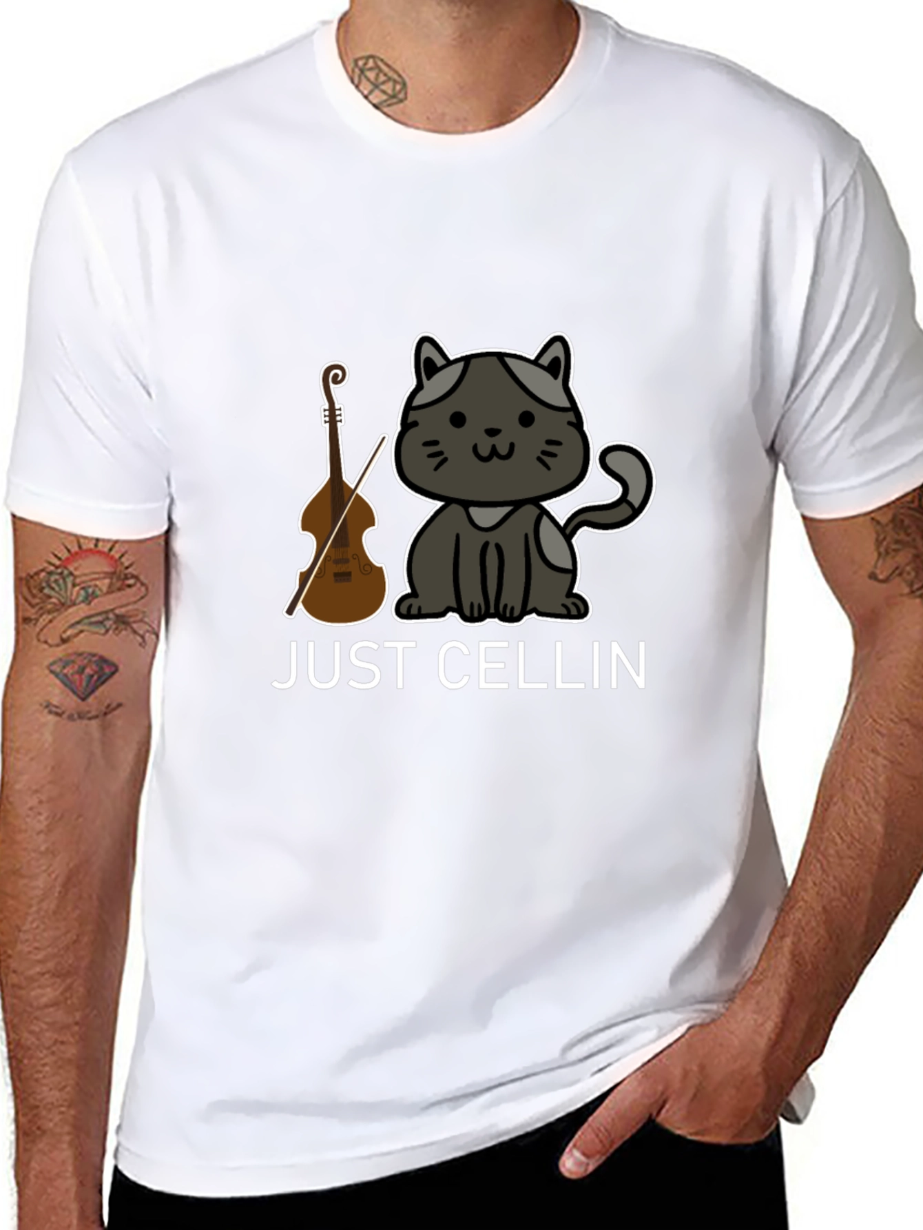 Just Cellin Black T-Shirt - Cat & Cello Design