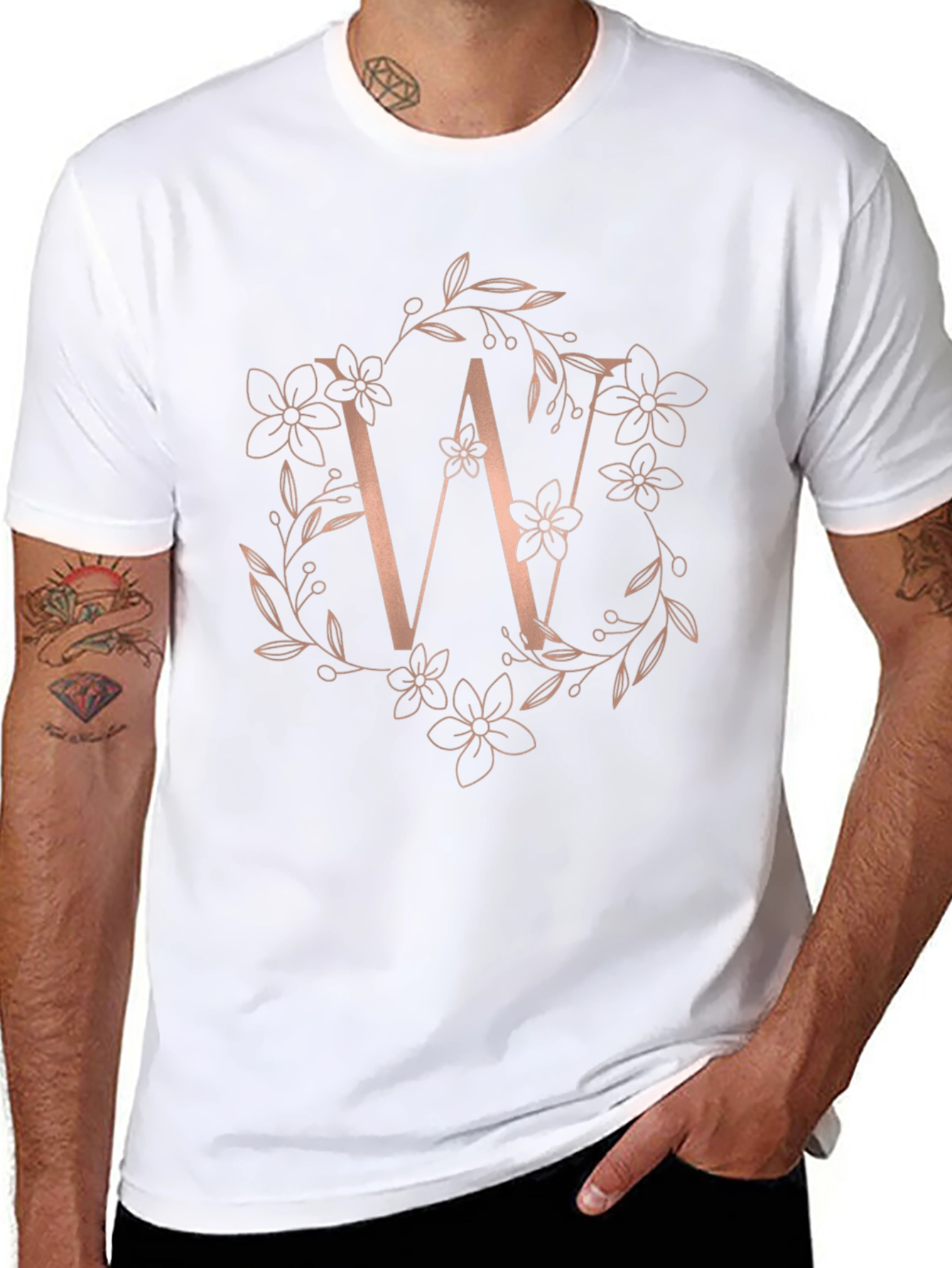 Floral Letter W Black T-Shirt