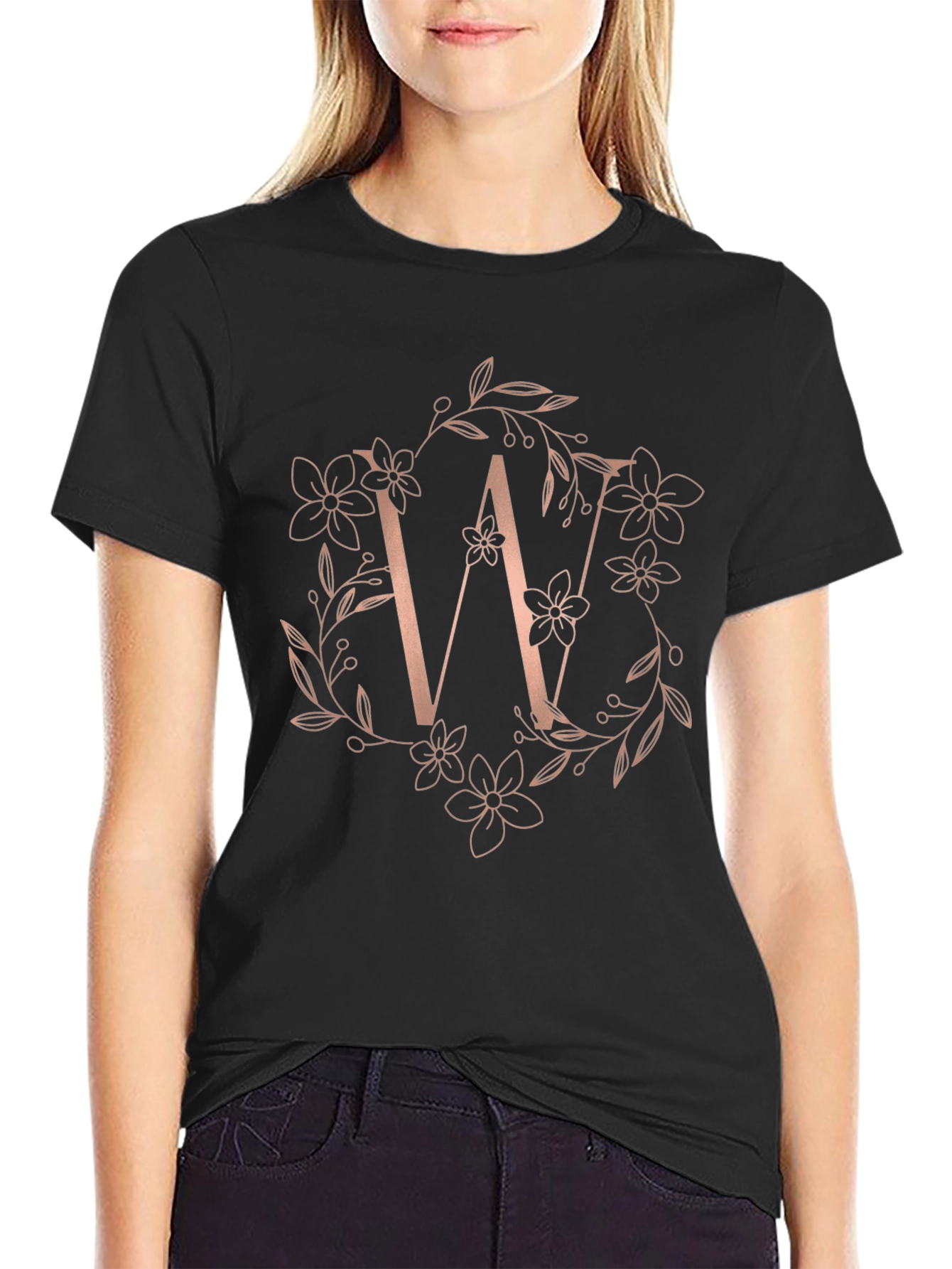 Floral Letter W Black T-Shirt
