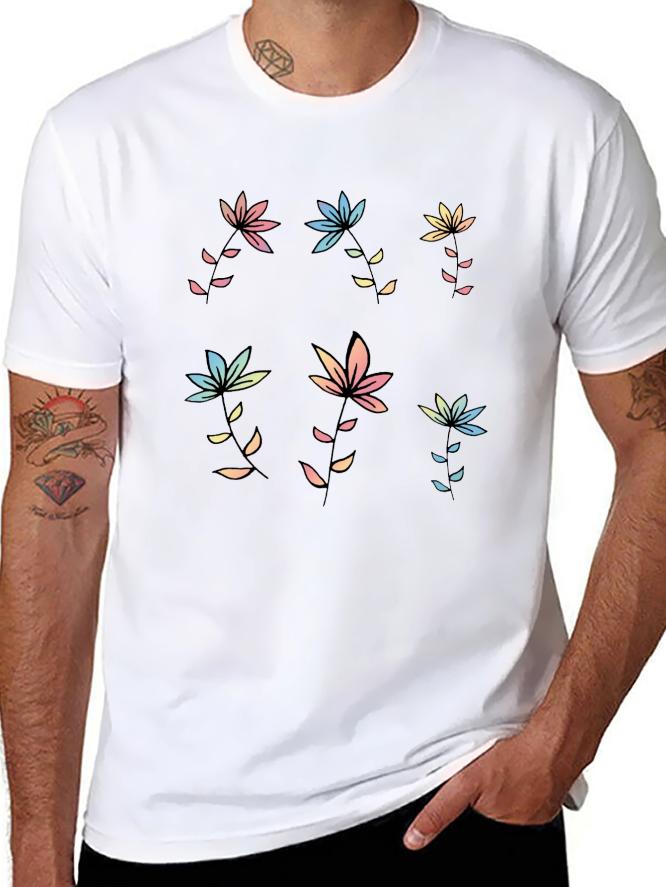 Pastel Floral Print Black T-Shirt