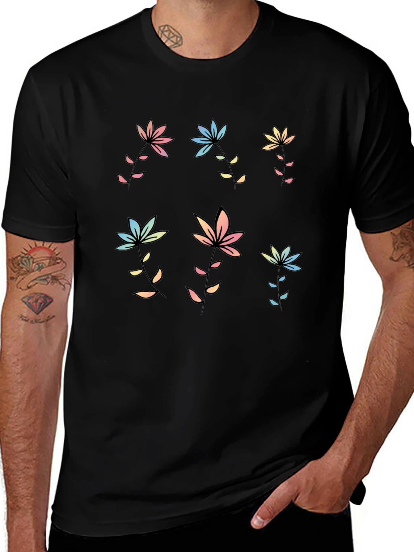 Pastel Floral Print Black T-Shirt