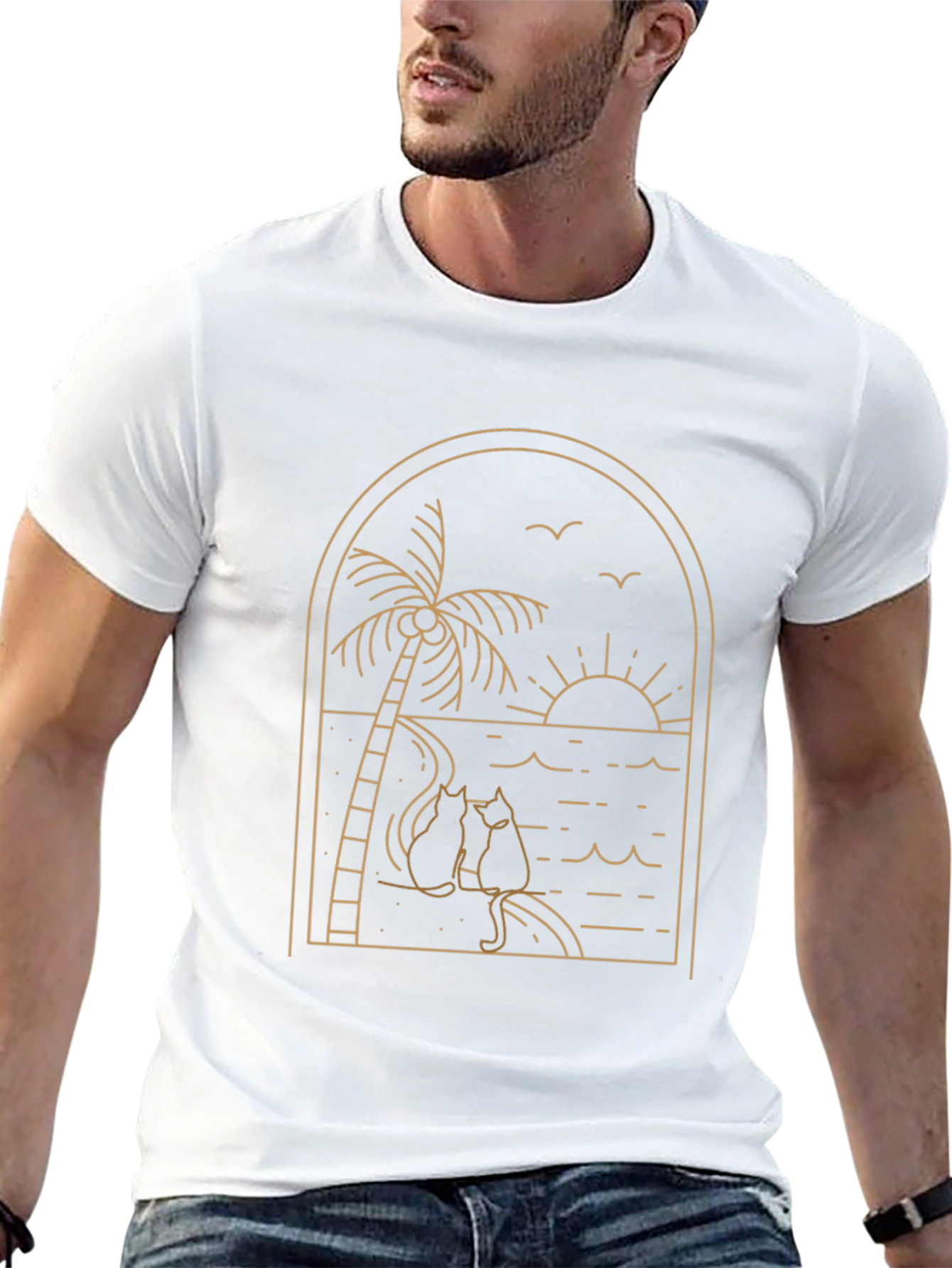 Black Tee with Palm Tree & Cats Graphic