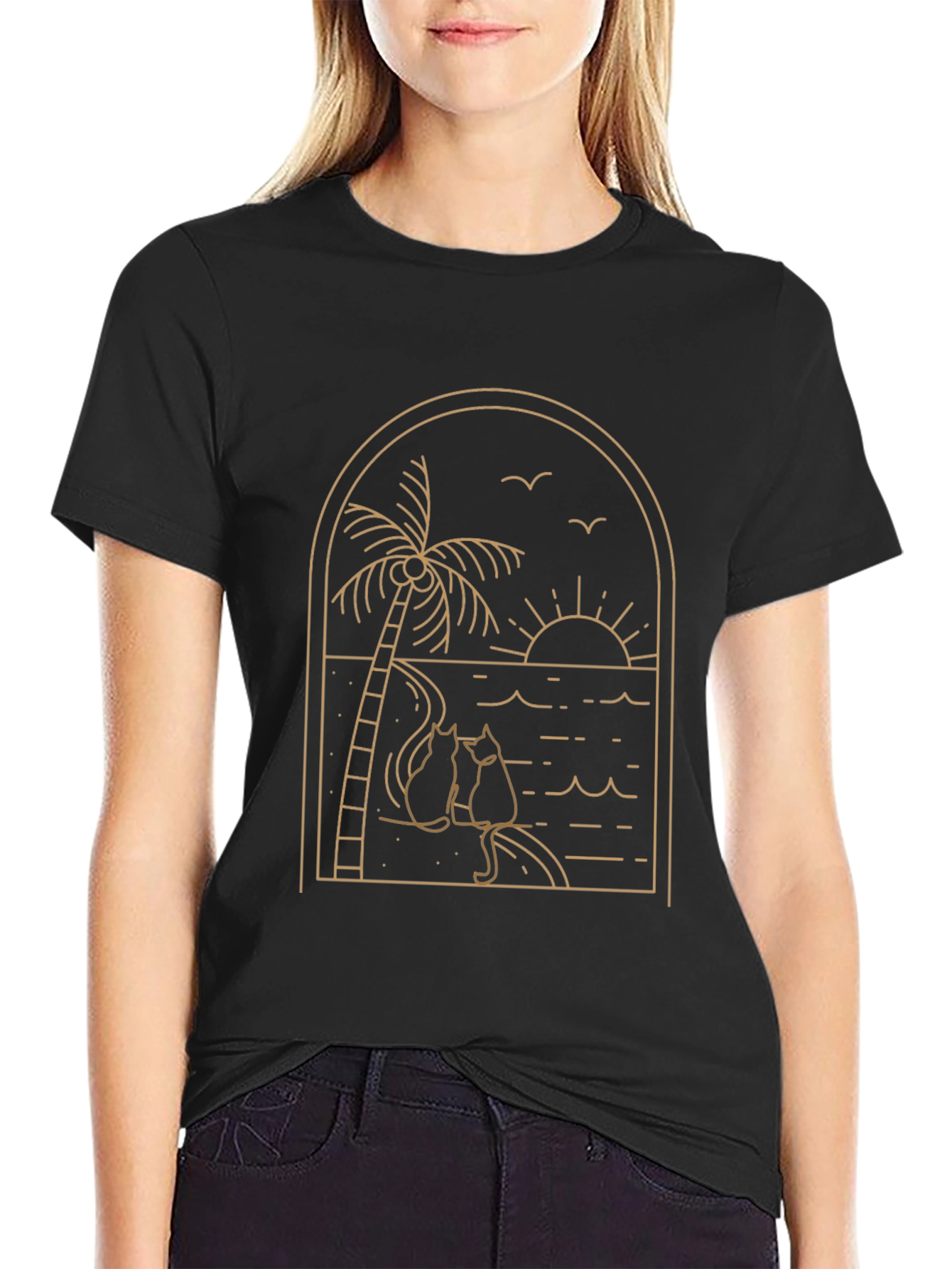Black Tee with Palm Tree & Cats Graphic