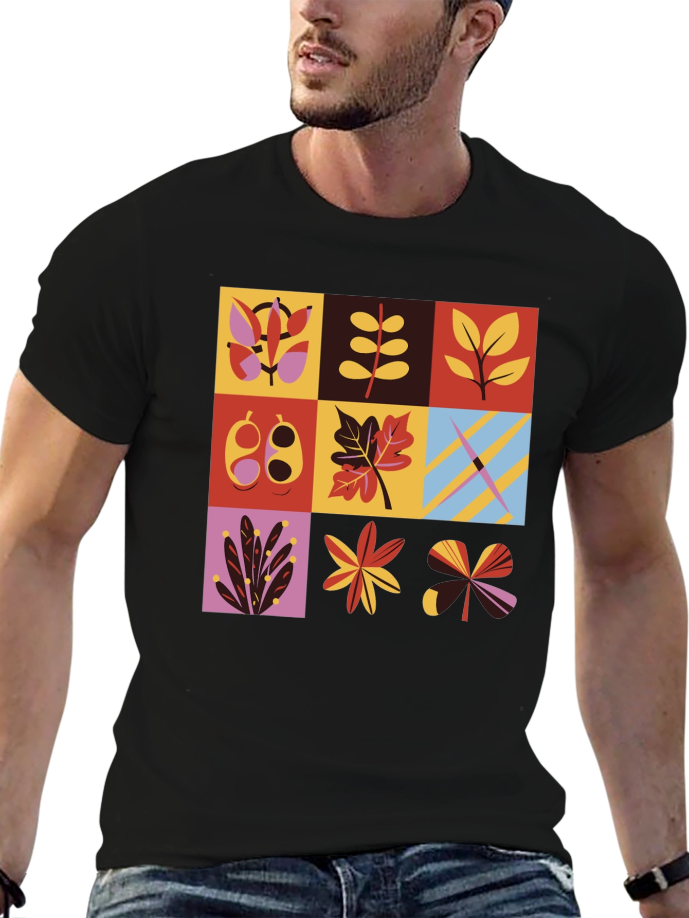 Botanical Block Print Mens Black T-Shirt