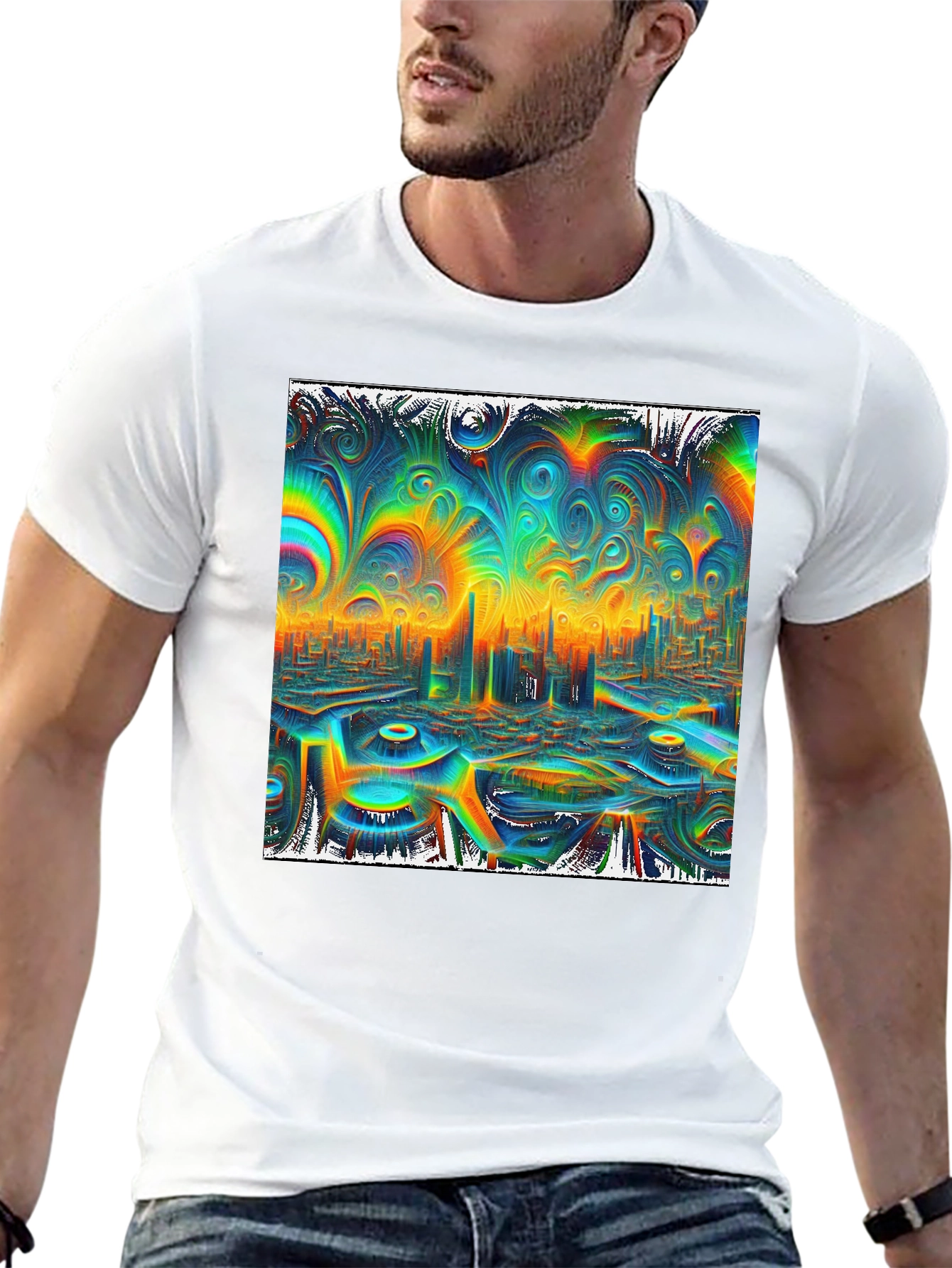 Psychedelic Cityscape Graphic Tee - Vibrant Black T-Shirt