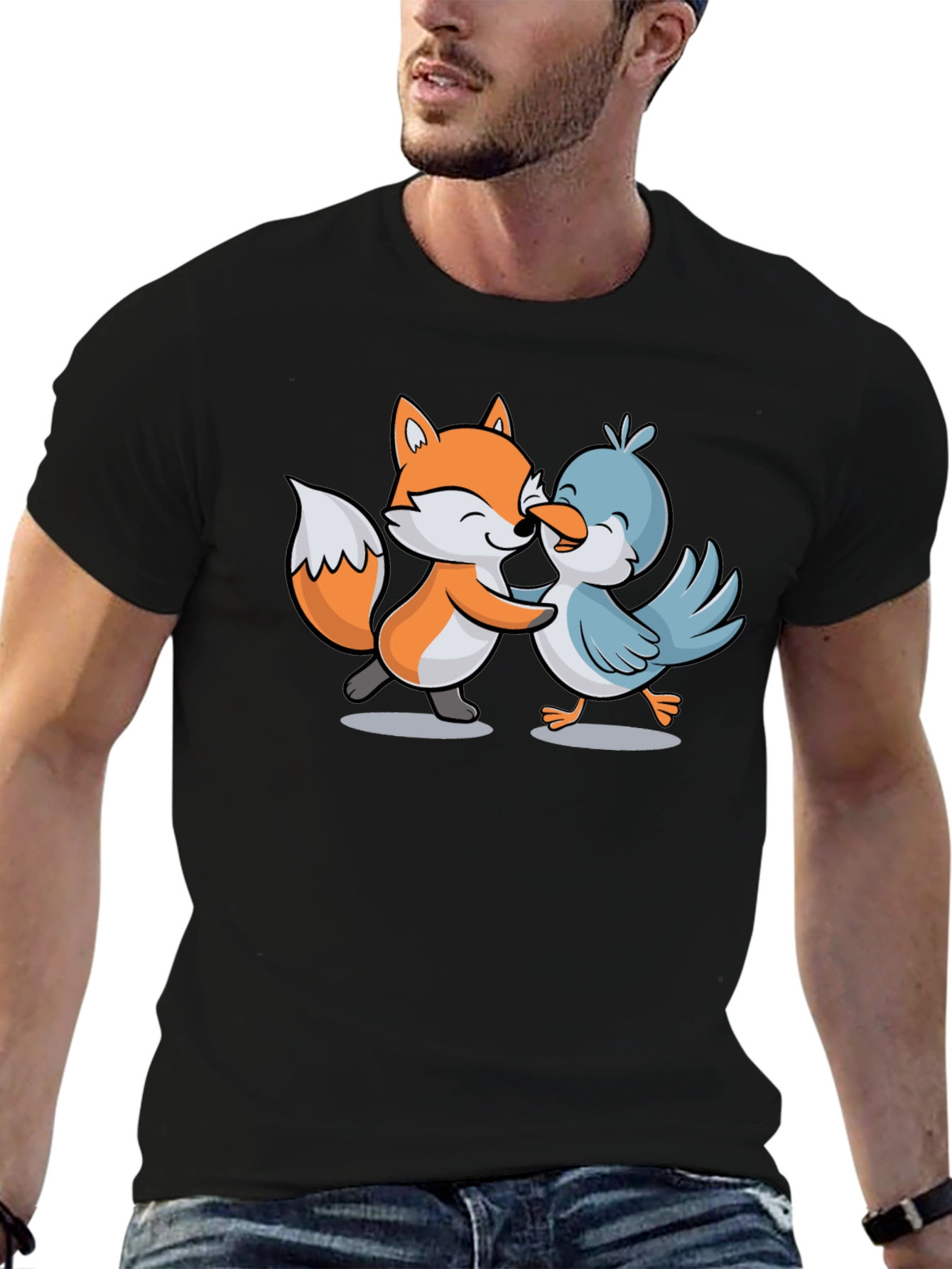 Fox & Bird Hugging Graphic Tee - Black
