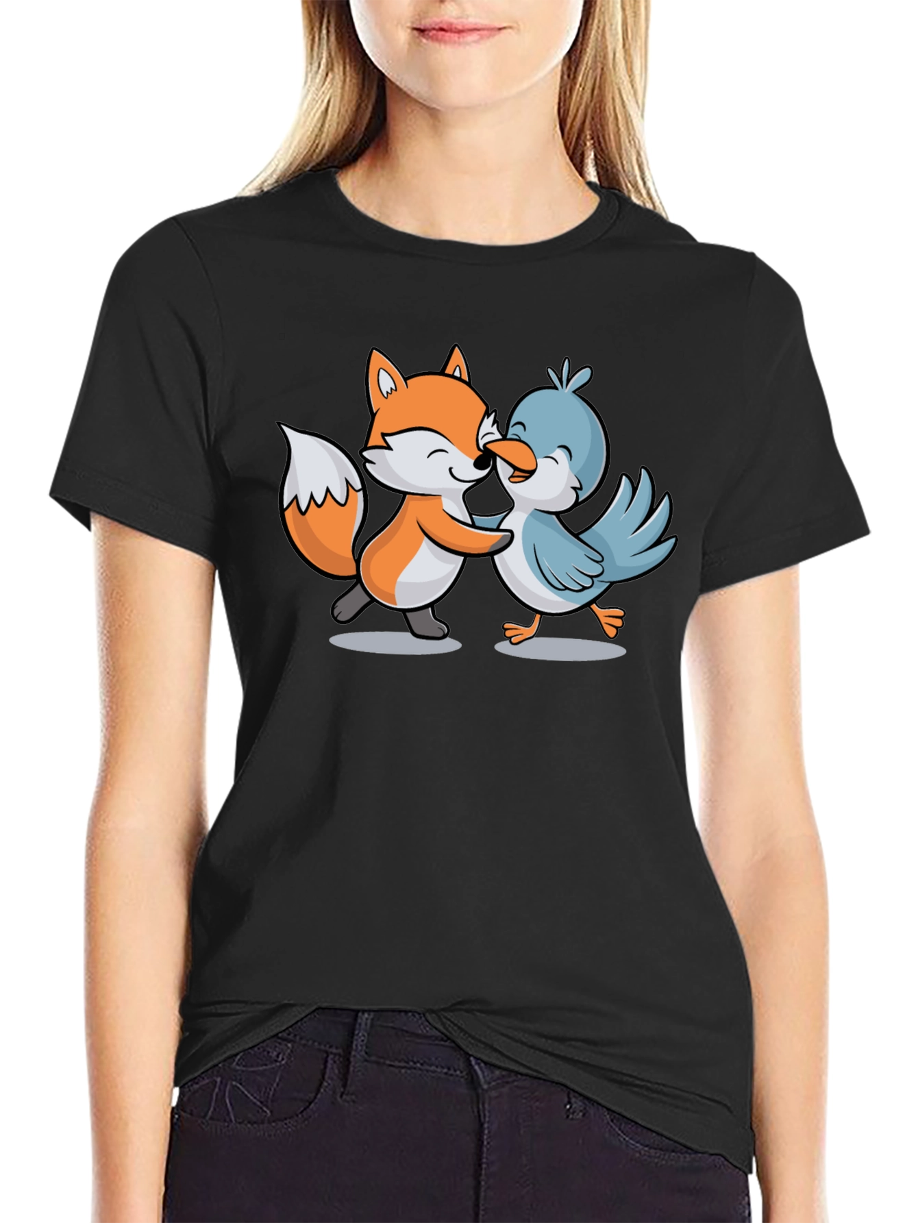 Fox & Bird Hugging Graphic Tee - Black