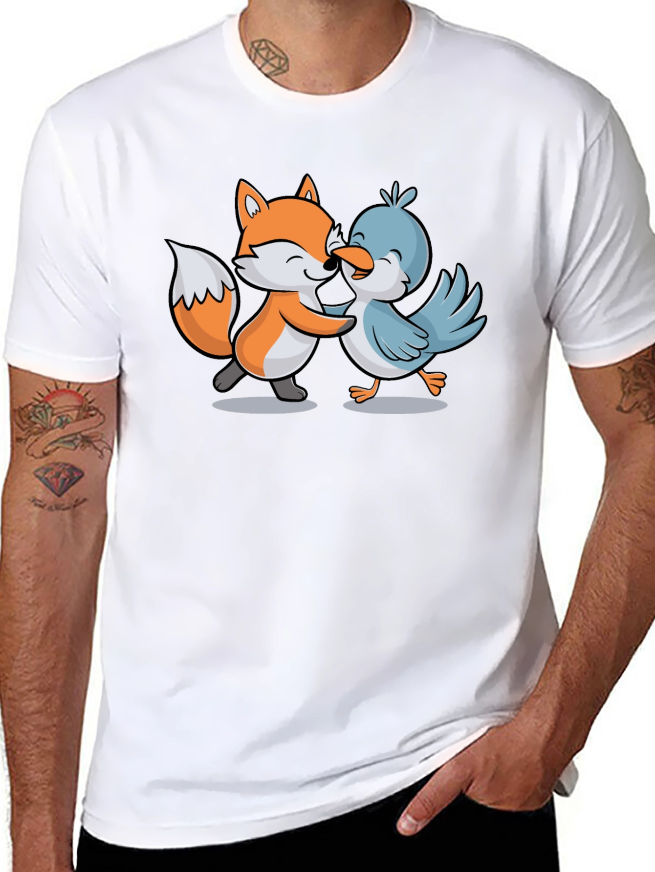Fox & Bird Hugging Graphic Tee - Black