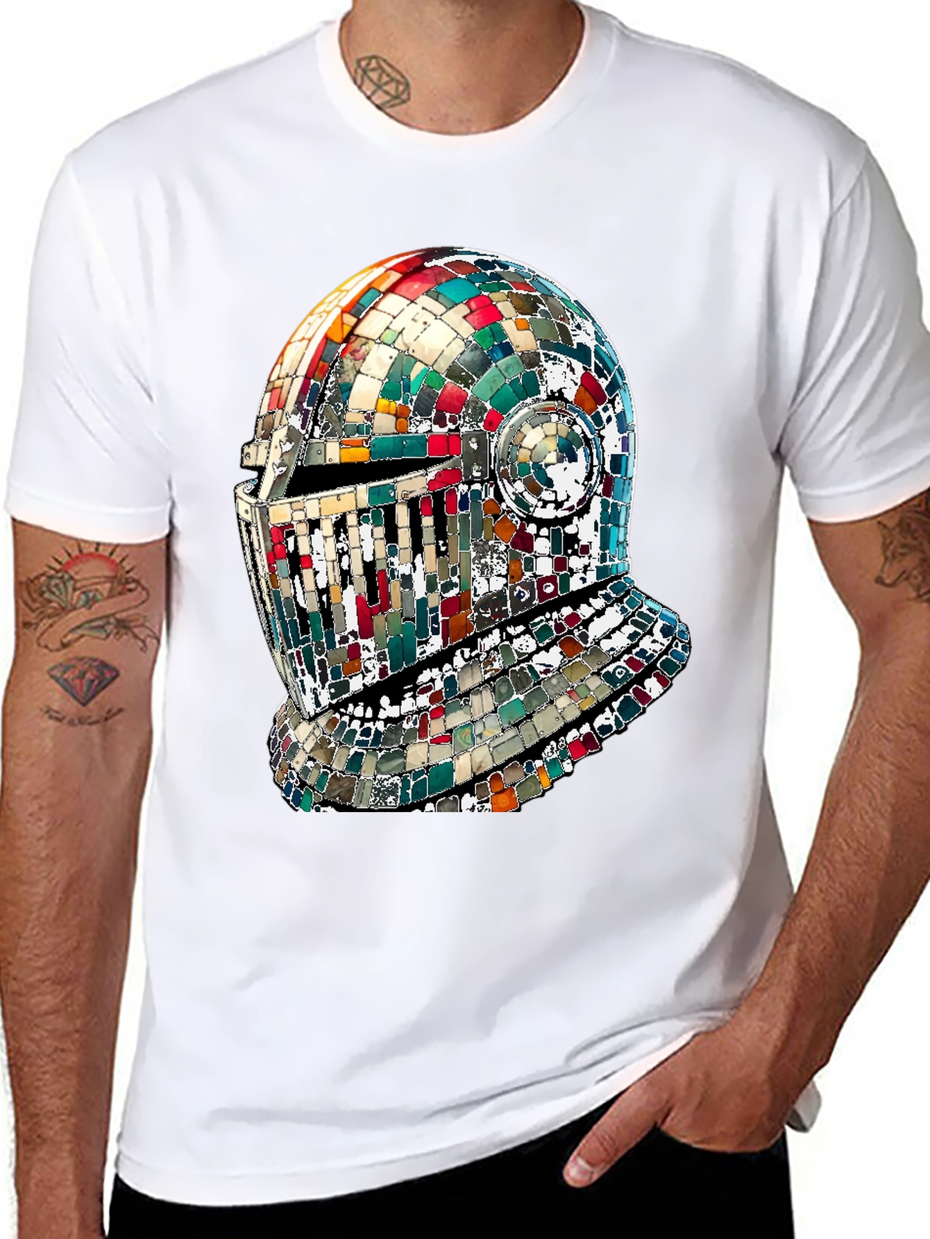 Mosaic Knight Helmet Graphic T-Shirt - Black