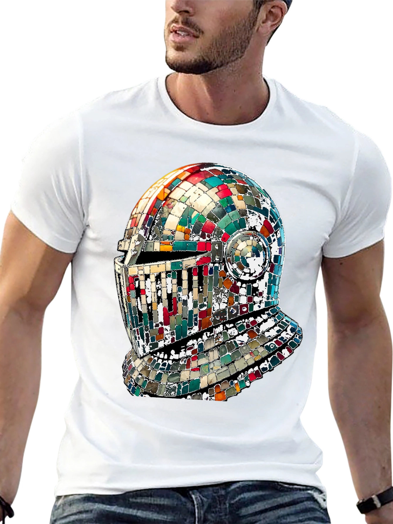 Mosaic Knight Helmet Graphic T-Shirt - Black