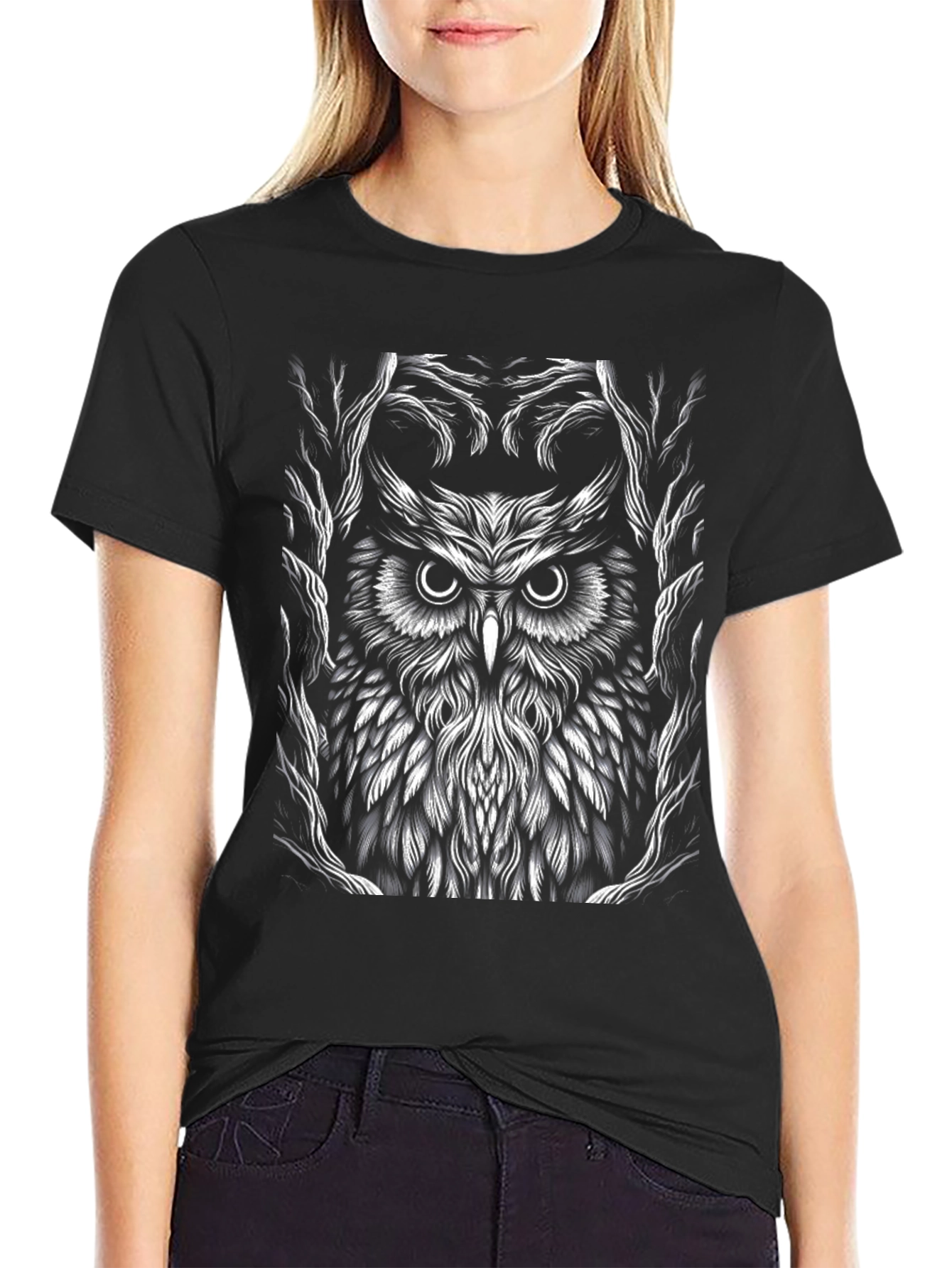 Owl Graphic Tee - Black Cotton T-Shirt