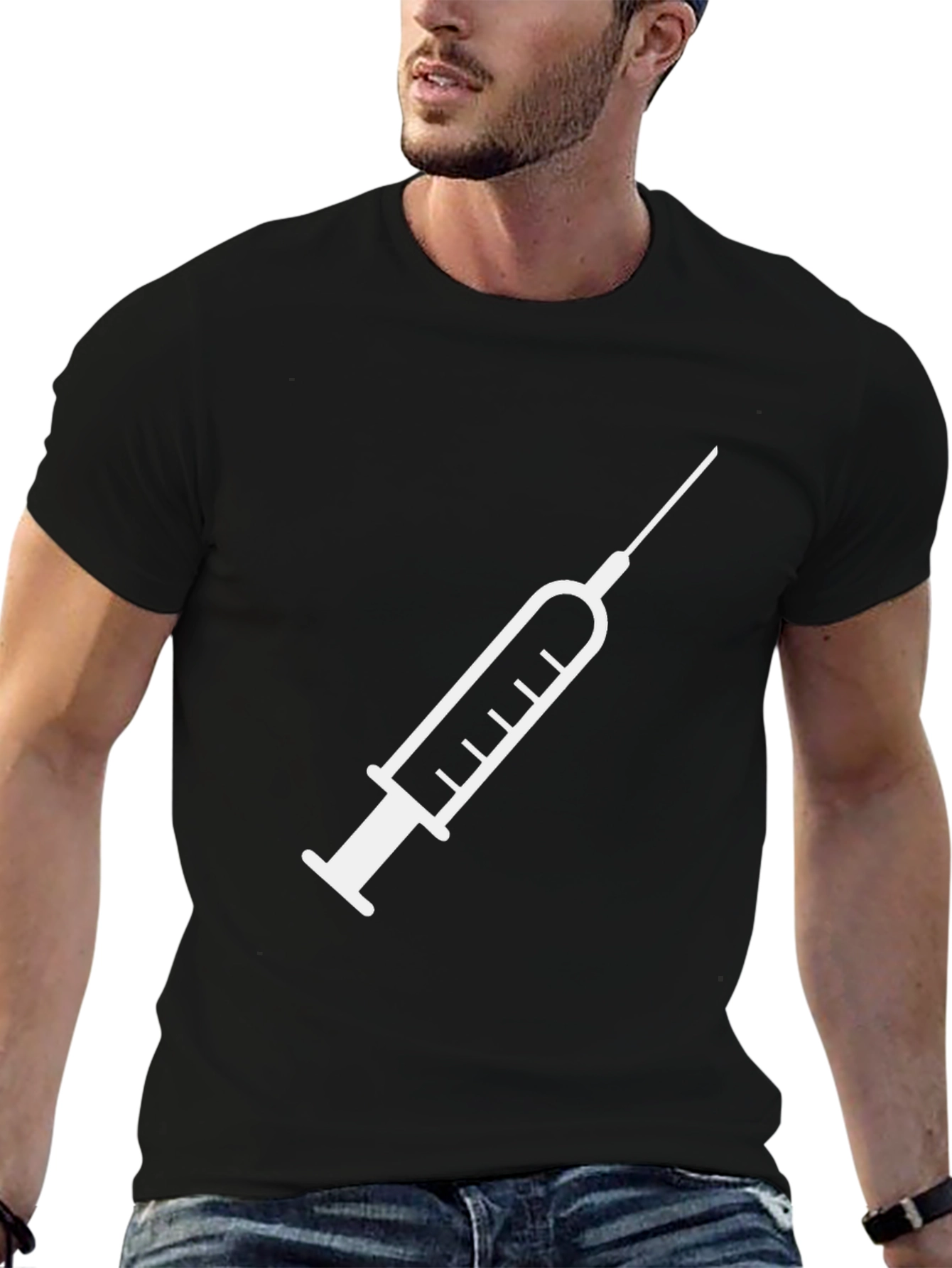 Vaccination T-Shirt: White Syringe Graphic Black Tee