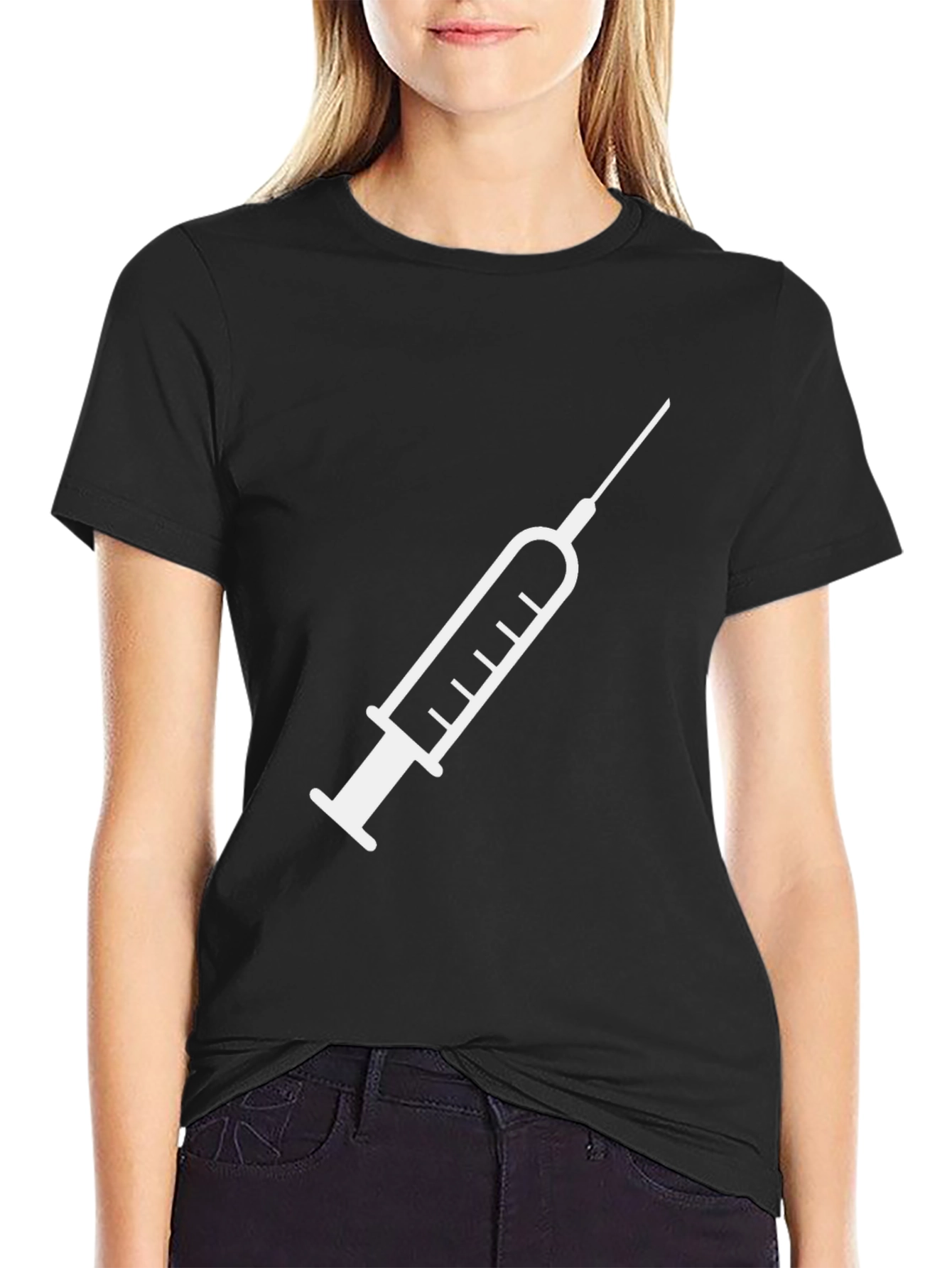 Vaccination T-Shirt: White Syringe Graphic Black Tee