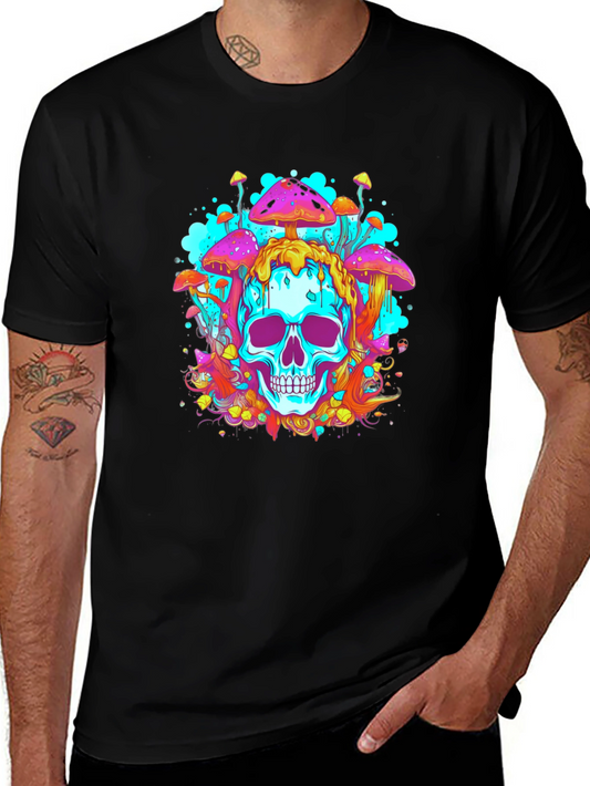 Trippy Skull Mushroom Graphic Tee - Bold Black Cotton