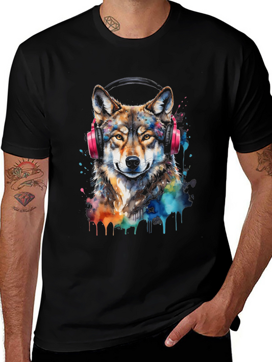 Wolf Headphone T-Shirt - Colorful Animal Design