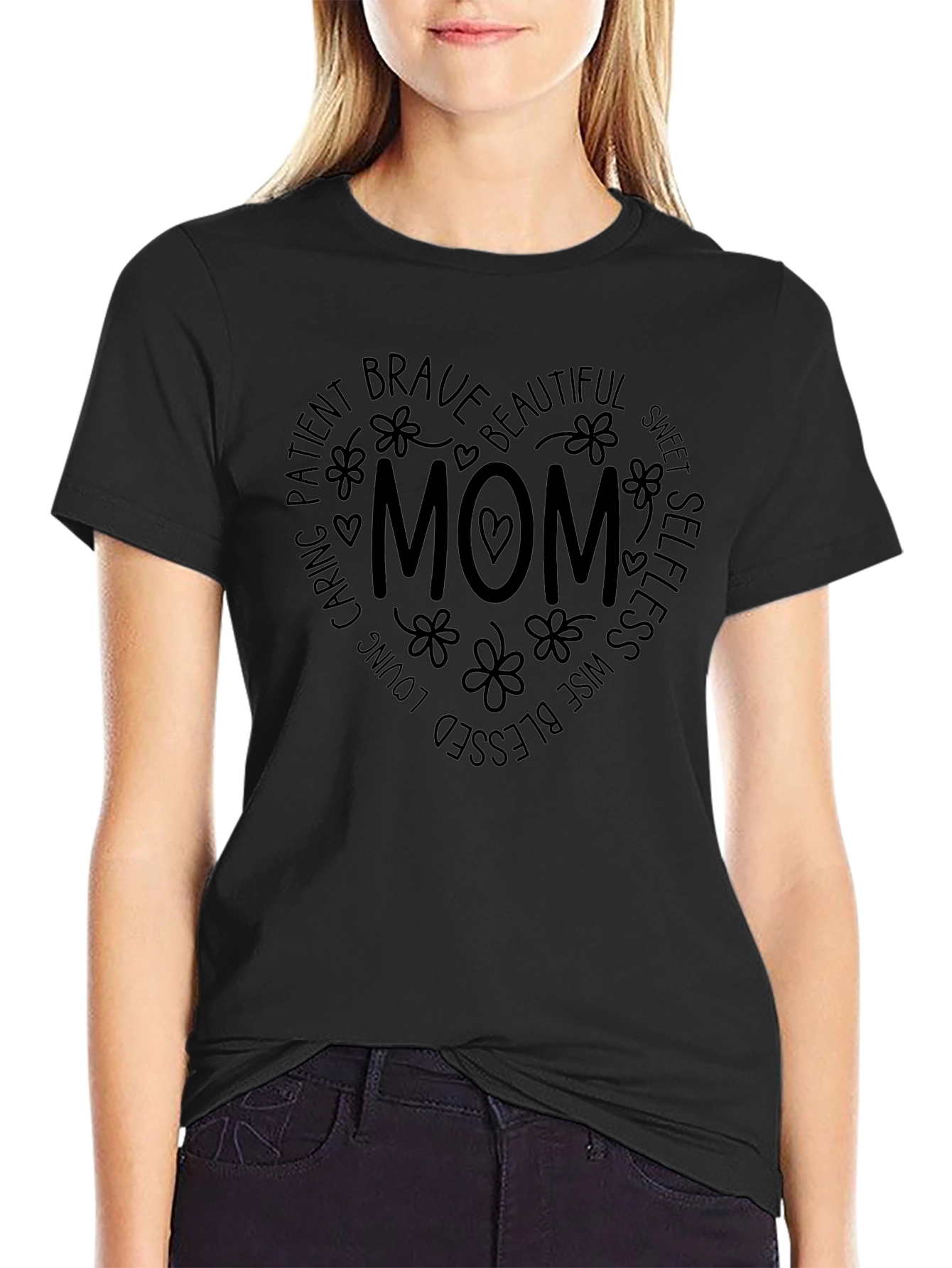 Mom Heart Graphic Tee - Black Cotton Casual T-Shirt