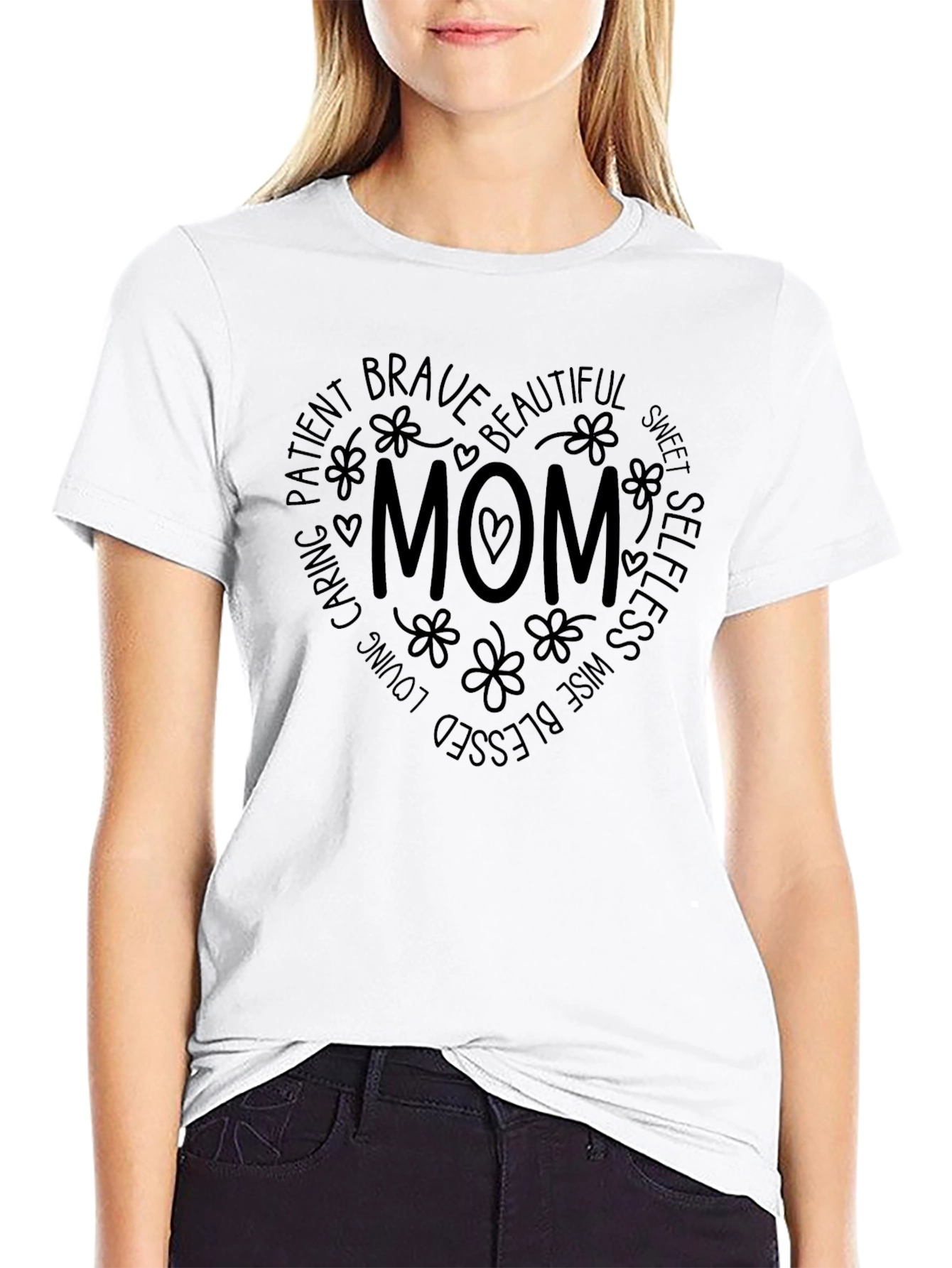 Mom Heart Graphic Tee - Black Cotton Casual T-Shirt