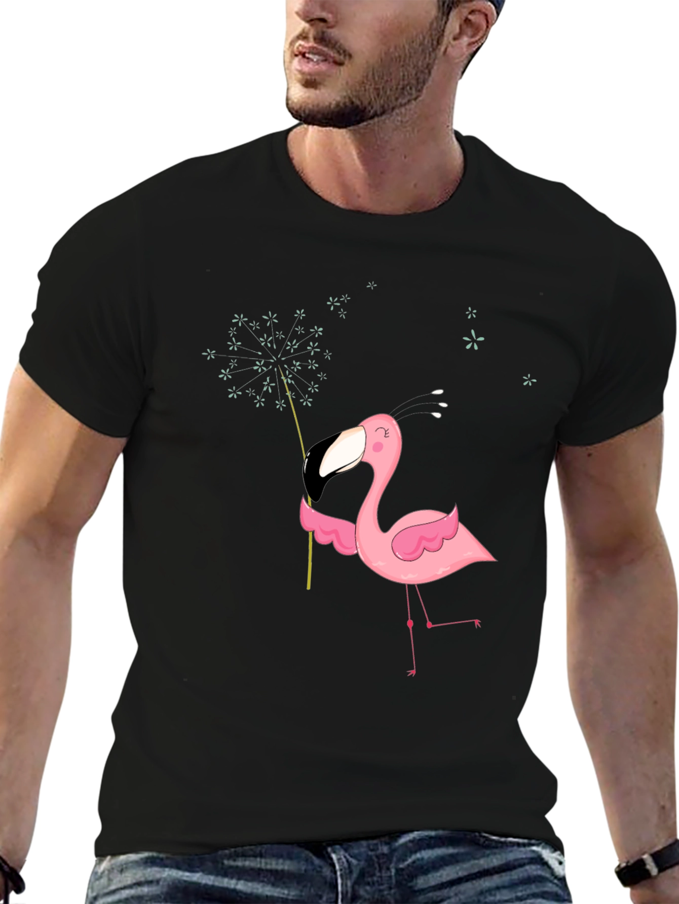 Mens Black T-Shirt with Flamingo Graphic