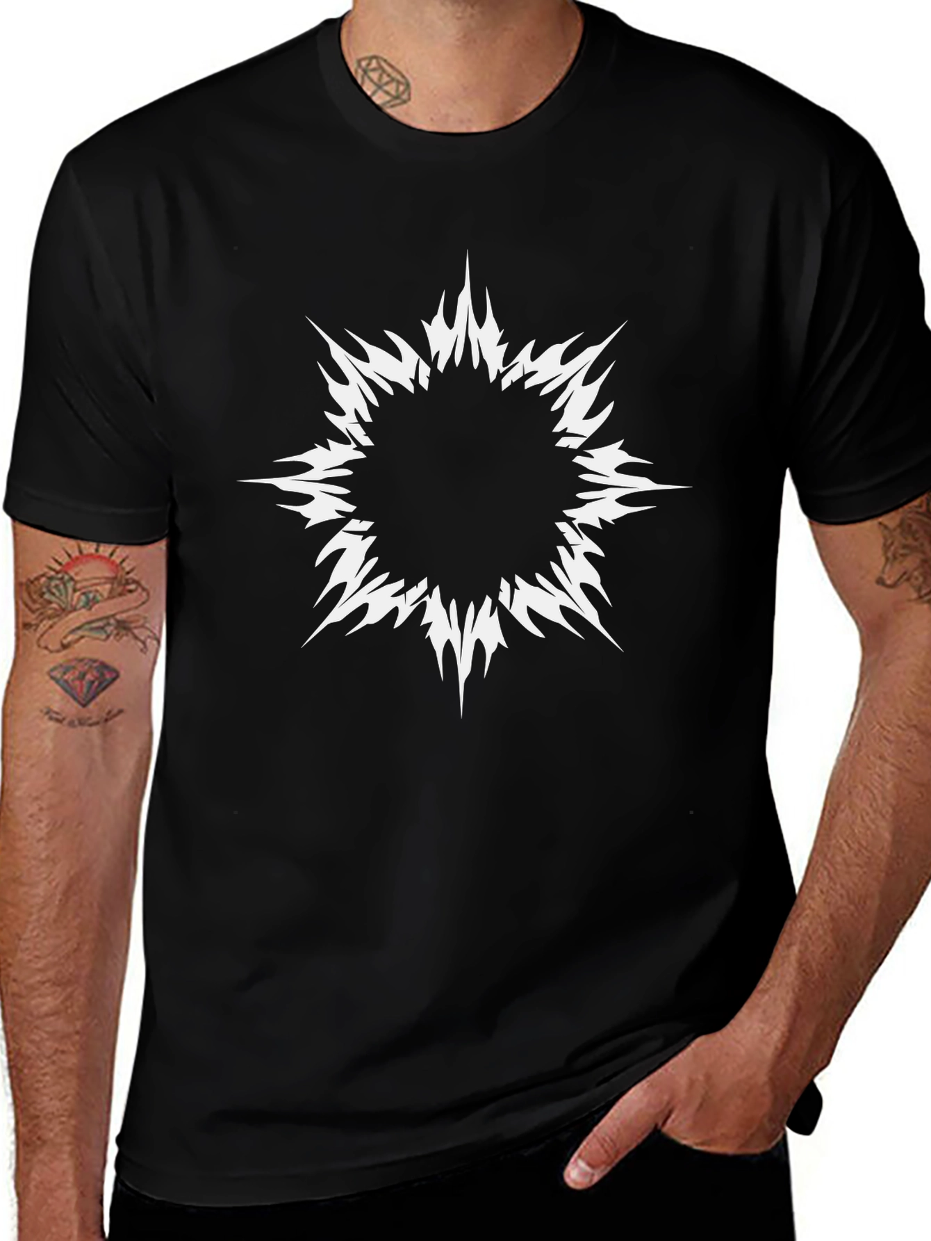 Edgy Graphic Tee: Black Shirt with White Abstract Design