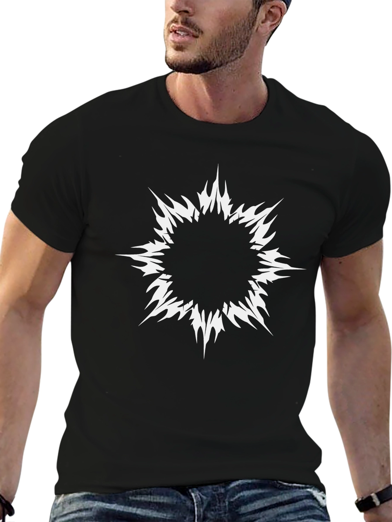 Edgy Graphic Tee: Black Shirt with White Abstract Design