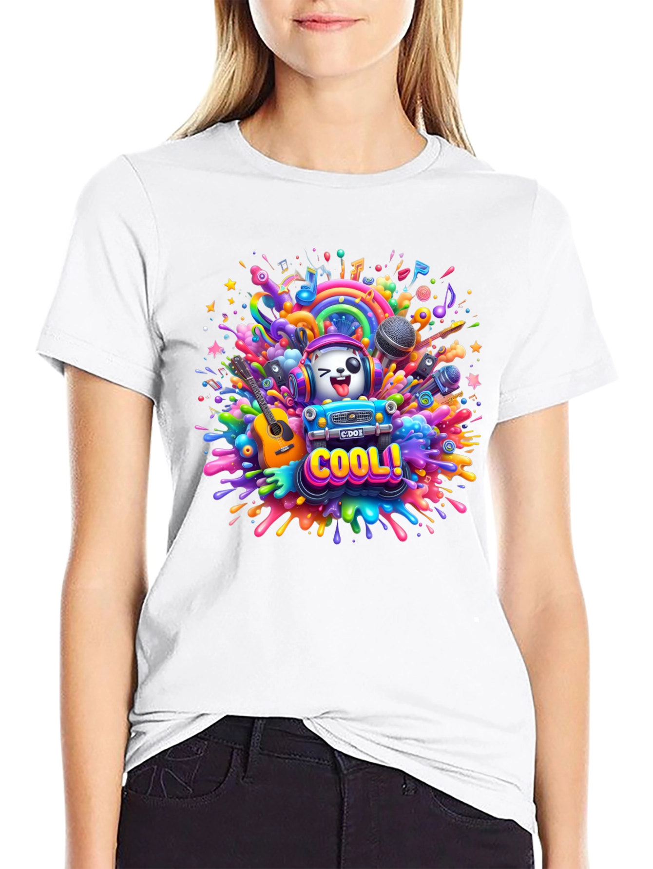 Cool Cartoon Music Explosion Black T-Shirt