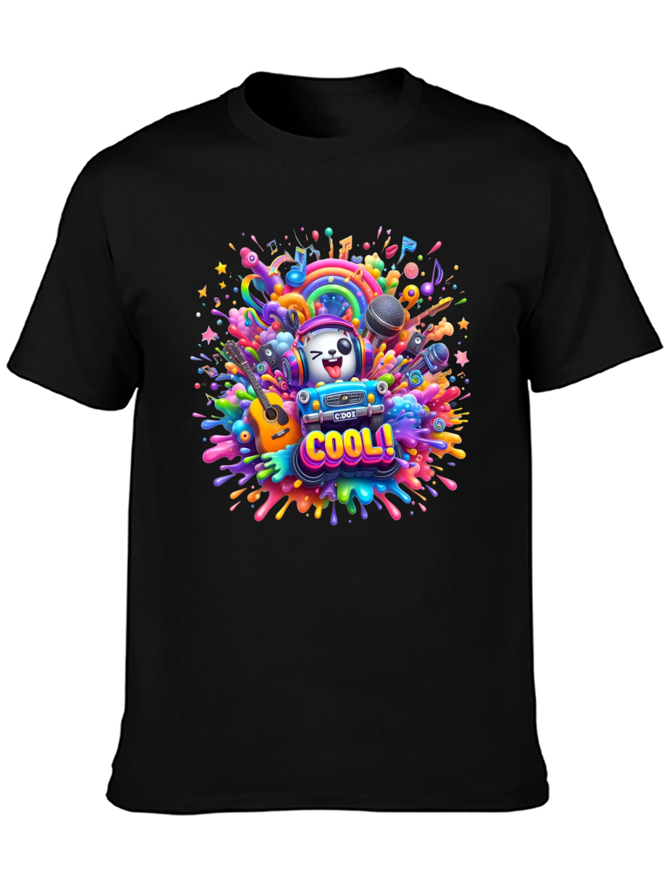 Cool Cartoon Music Explosion Black T-Shirt