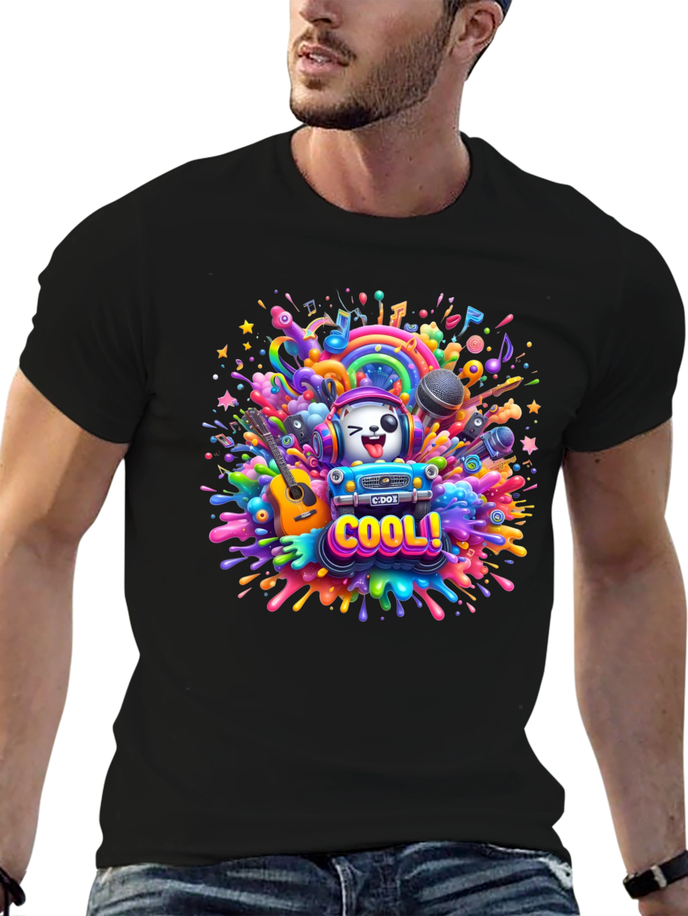 Cool Cartoon Music Explosion Black T-Shirt