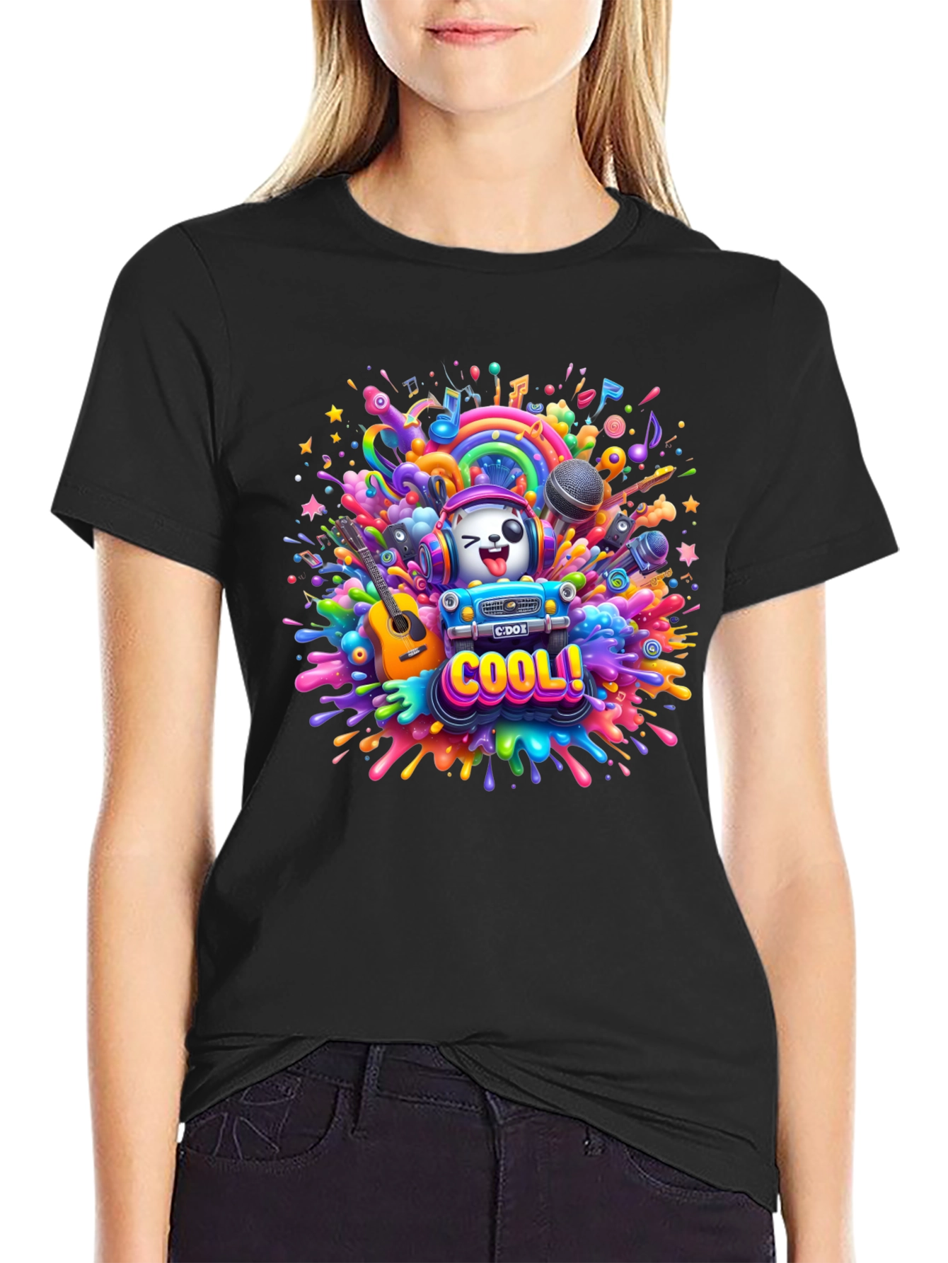 Cool Cartoon Music Explosion Black T-Shirt