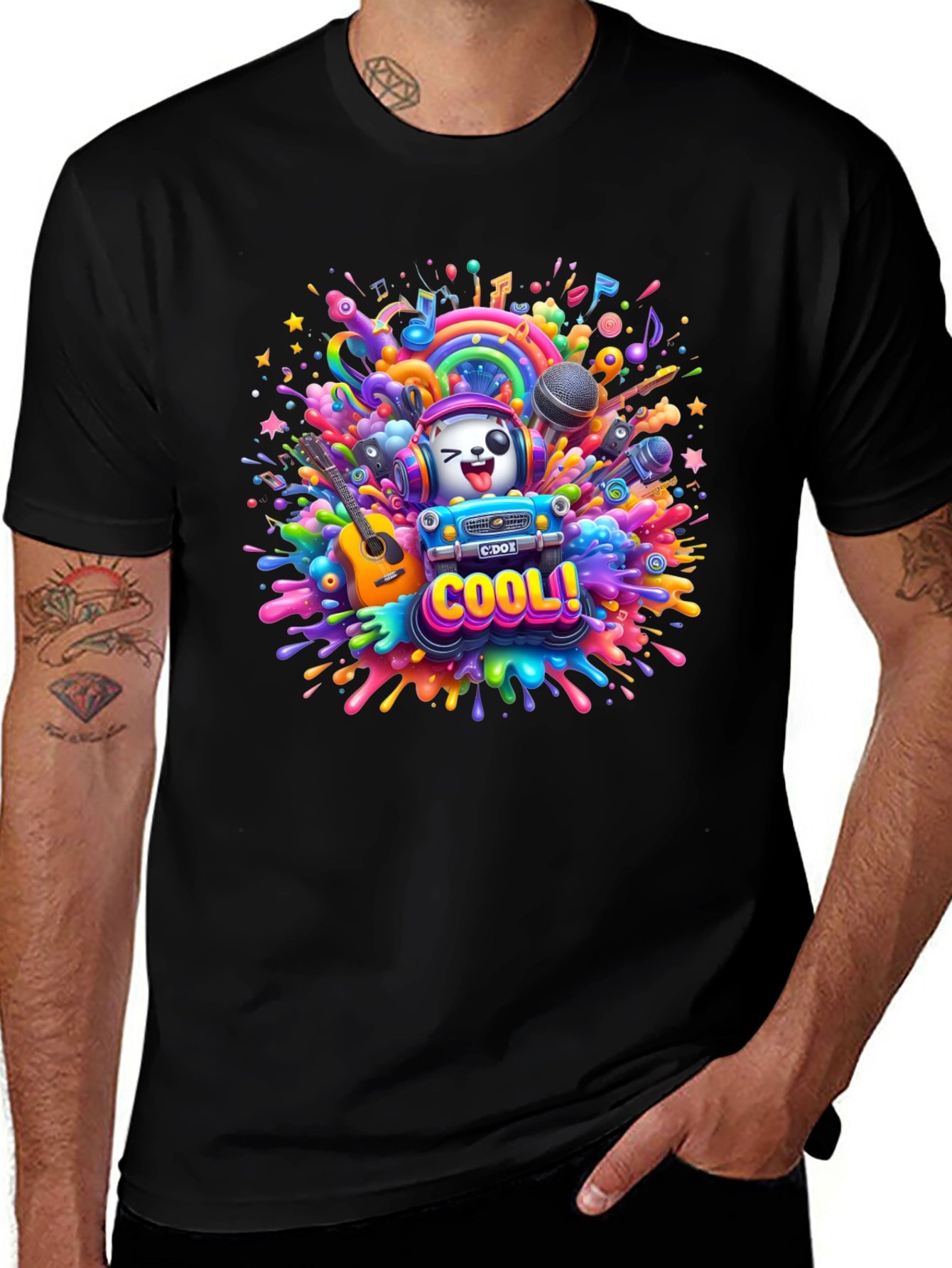 Cool Cartoon Music Explosion Black T-Shirt