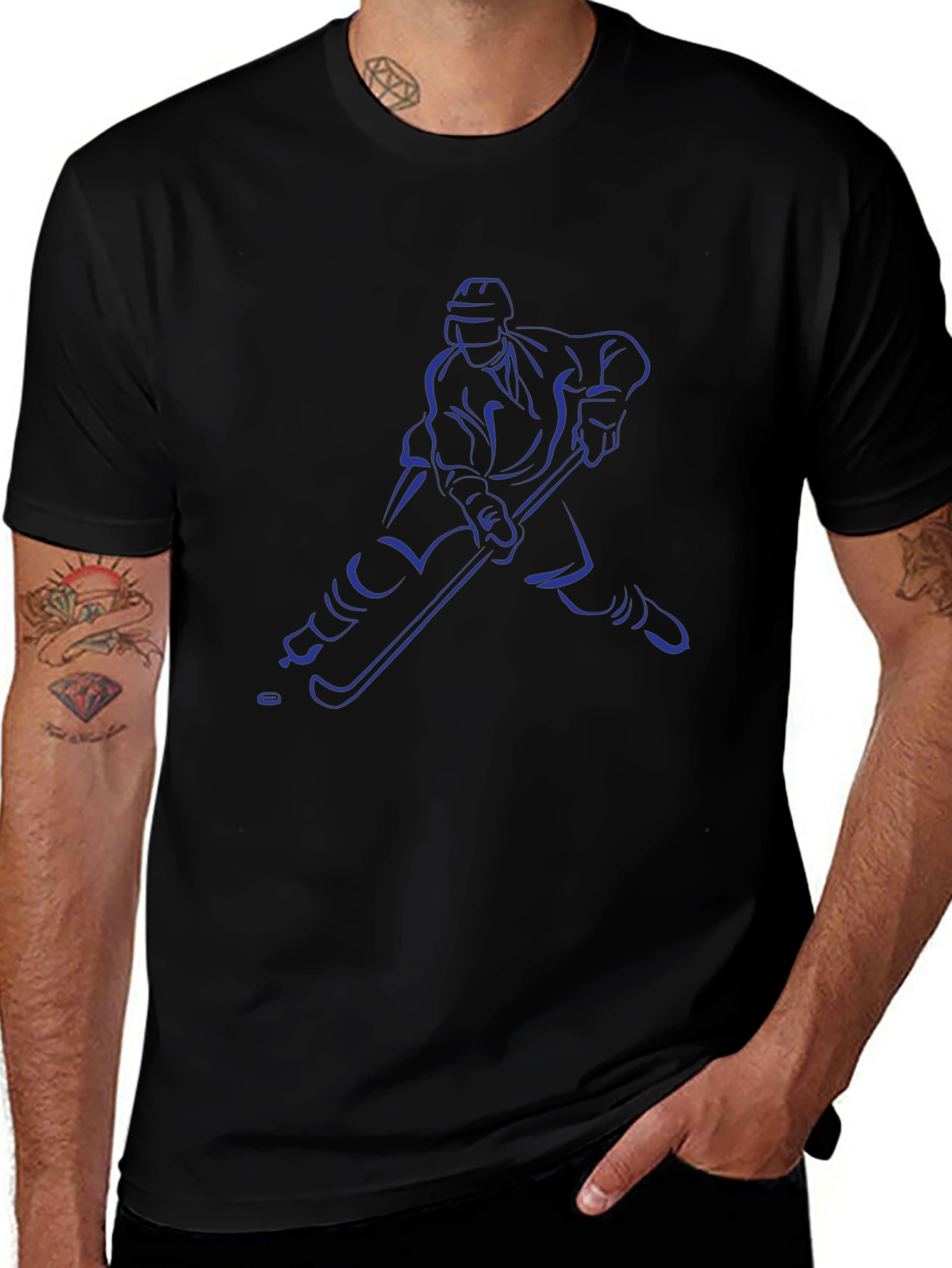 Hockey Player Graphic Tee - Black Cotton T-Shirt