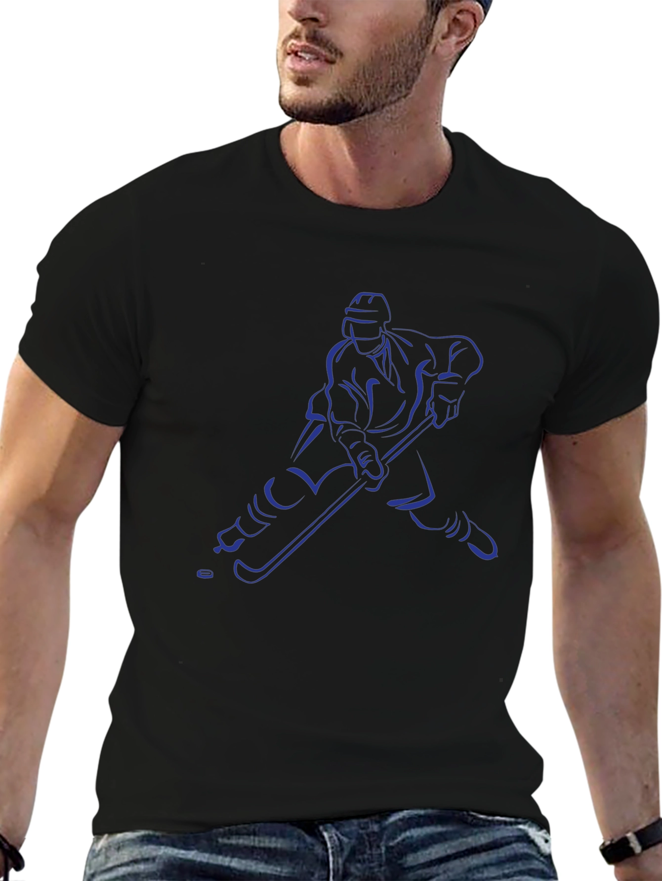 Hockey Player Graphic Tee - Black Cotton T-Shirt