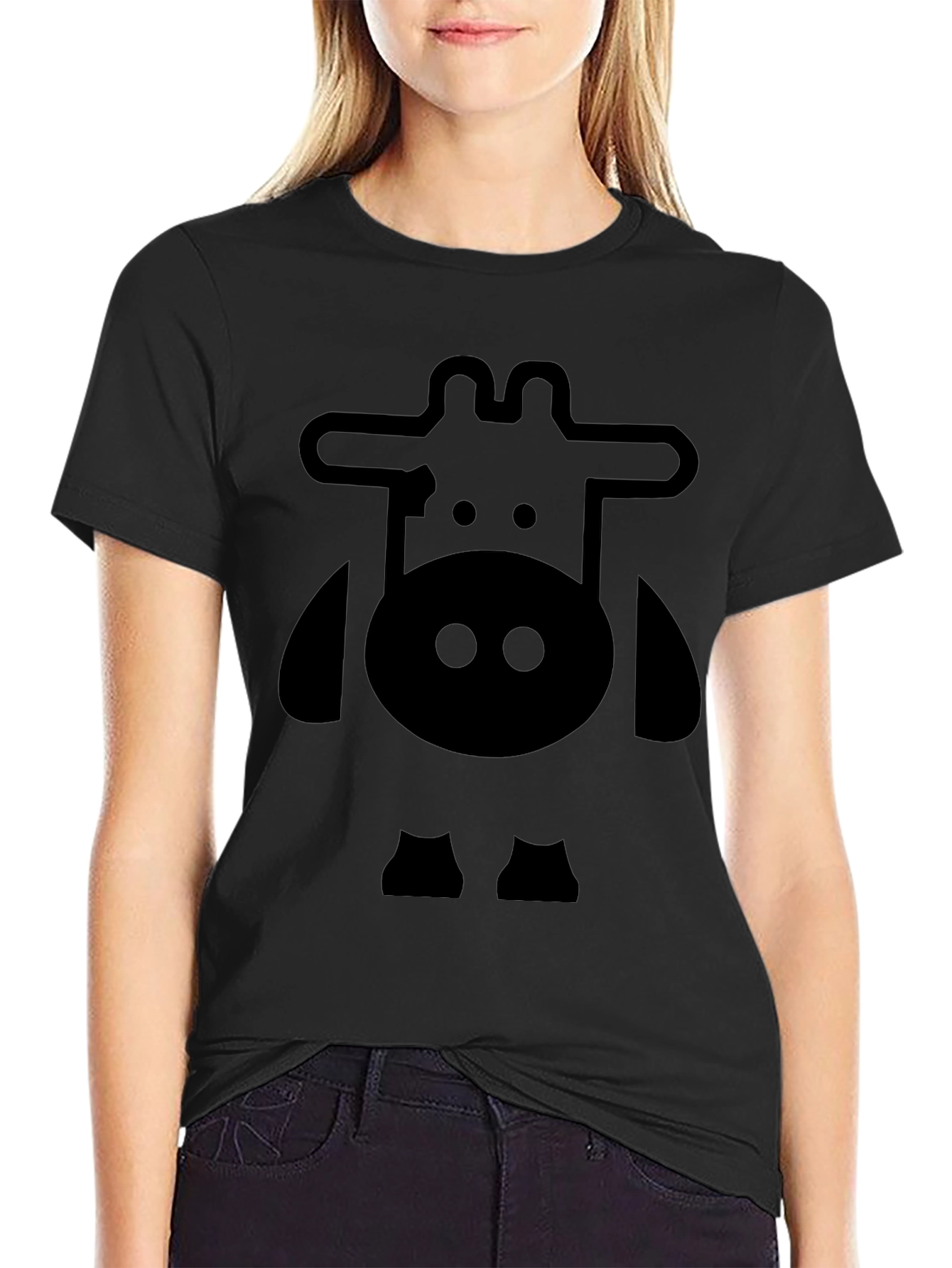 Cartoon Cow Graphic Tee - Black