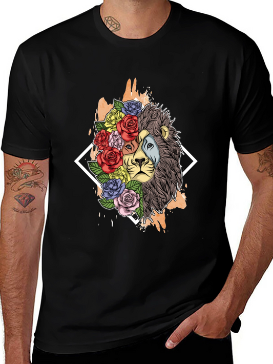 Floral Lion Graphic Tee - Stylish Mens Black T-Shirt