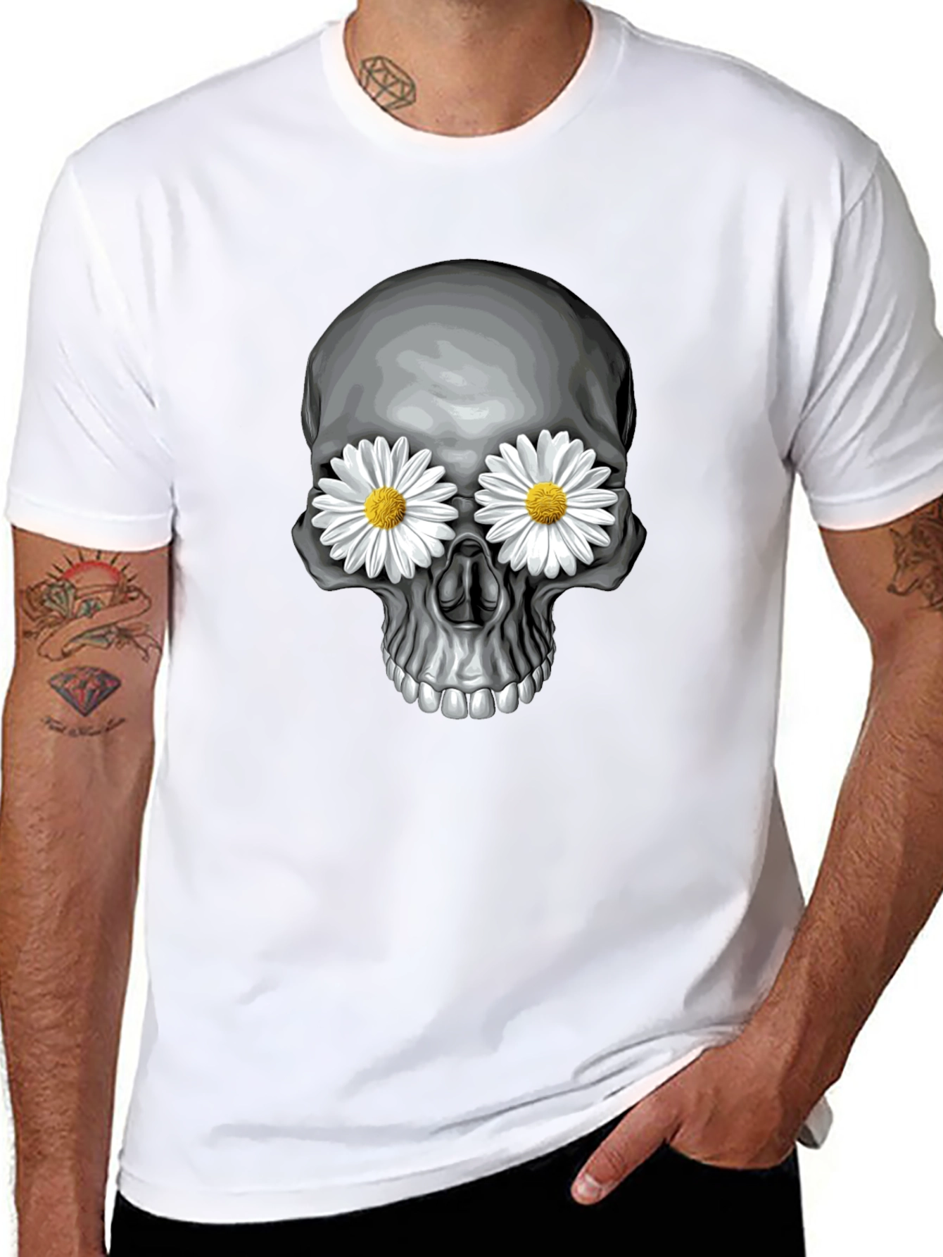 Skull with Daisy Eyes Graphic Tee - Black