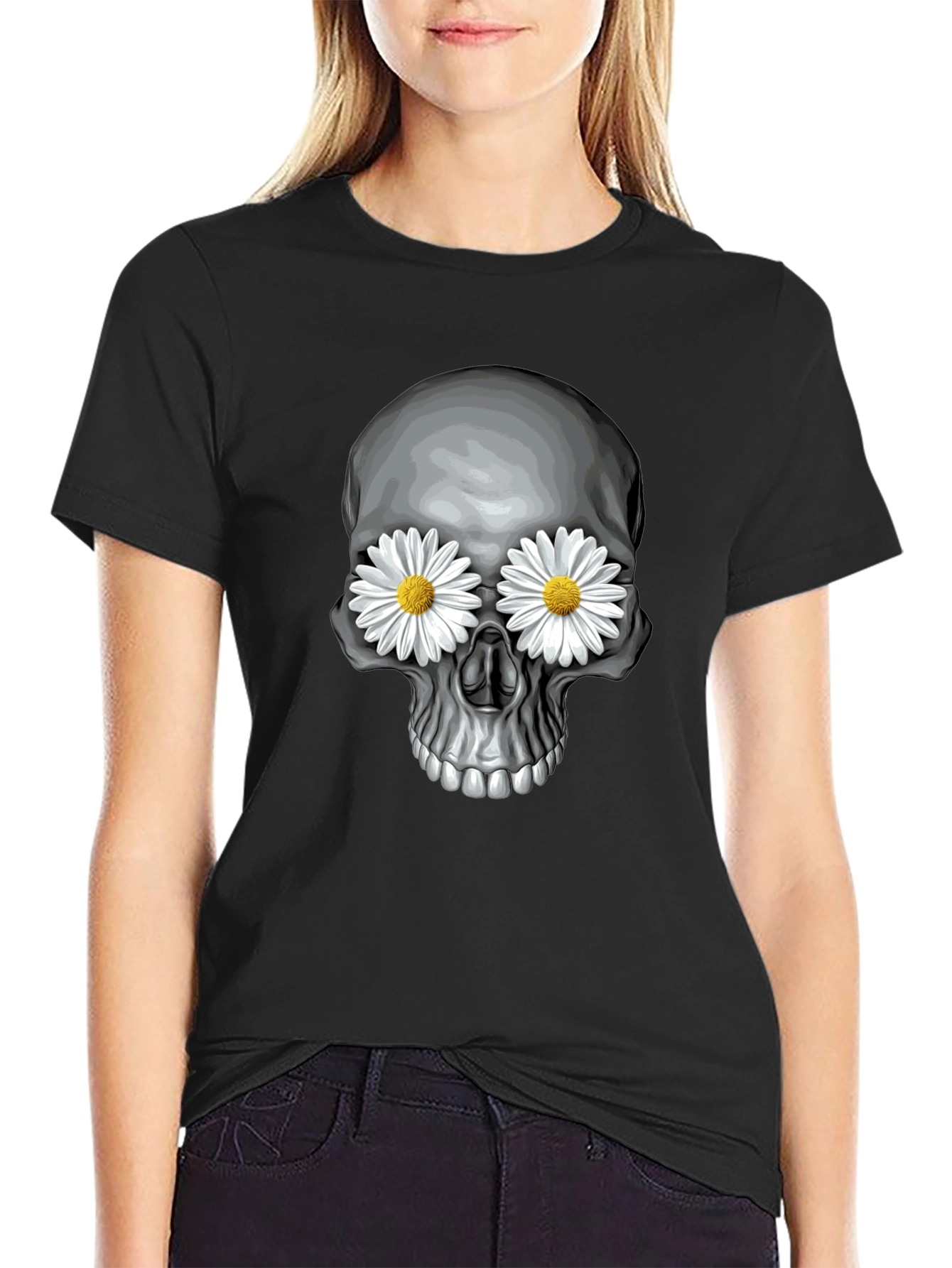 Skull with Daisy Eyes Graphic Tee - Black