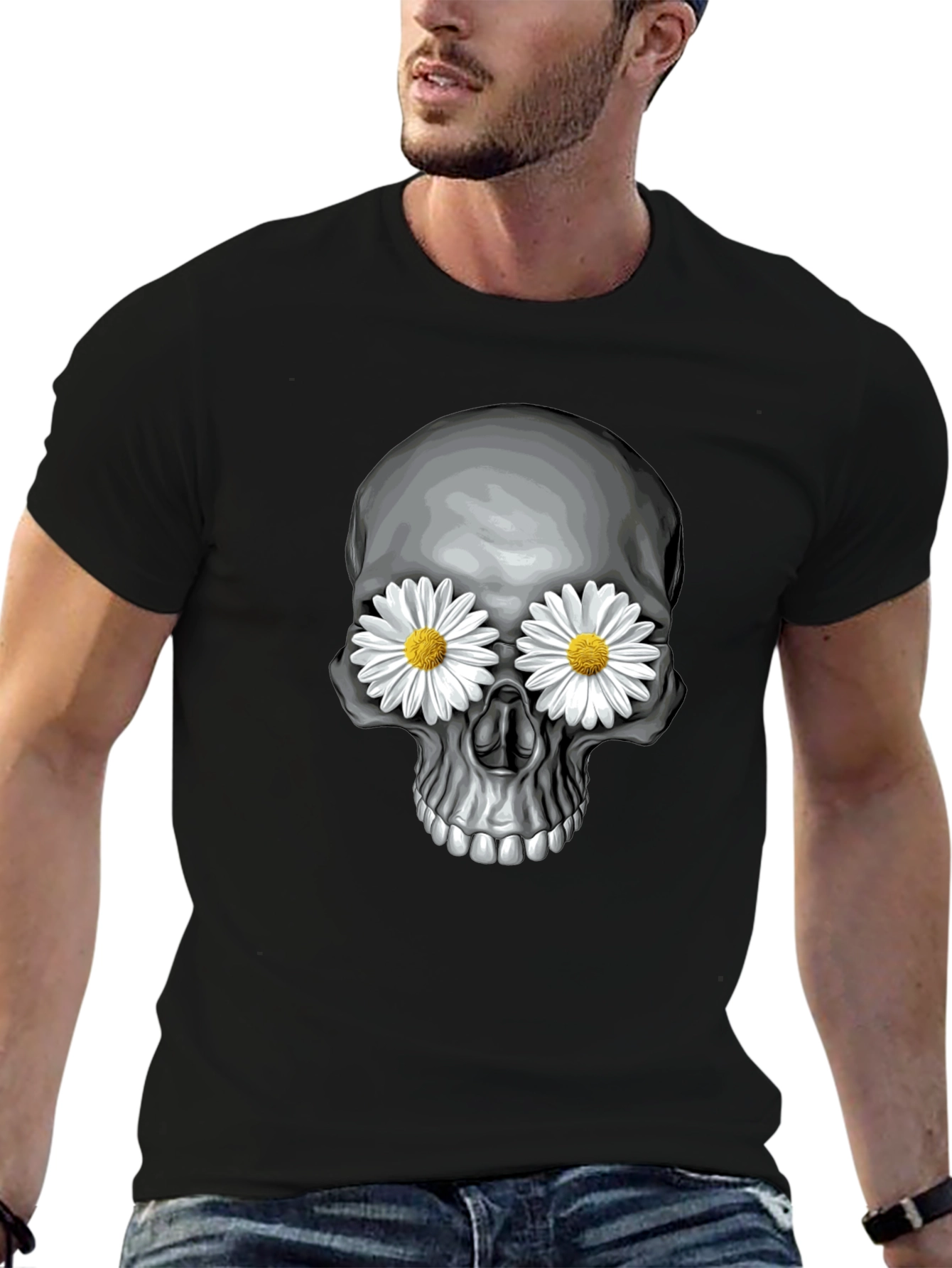 Skull with Daisy Eyes Graphic Tee - Black