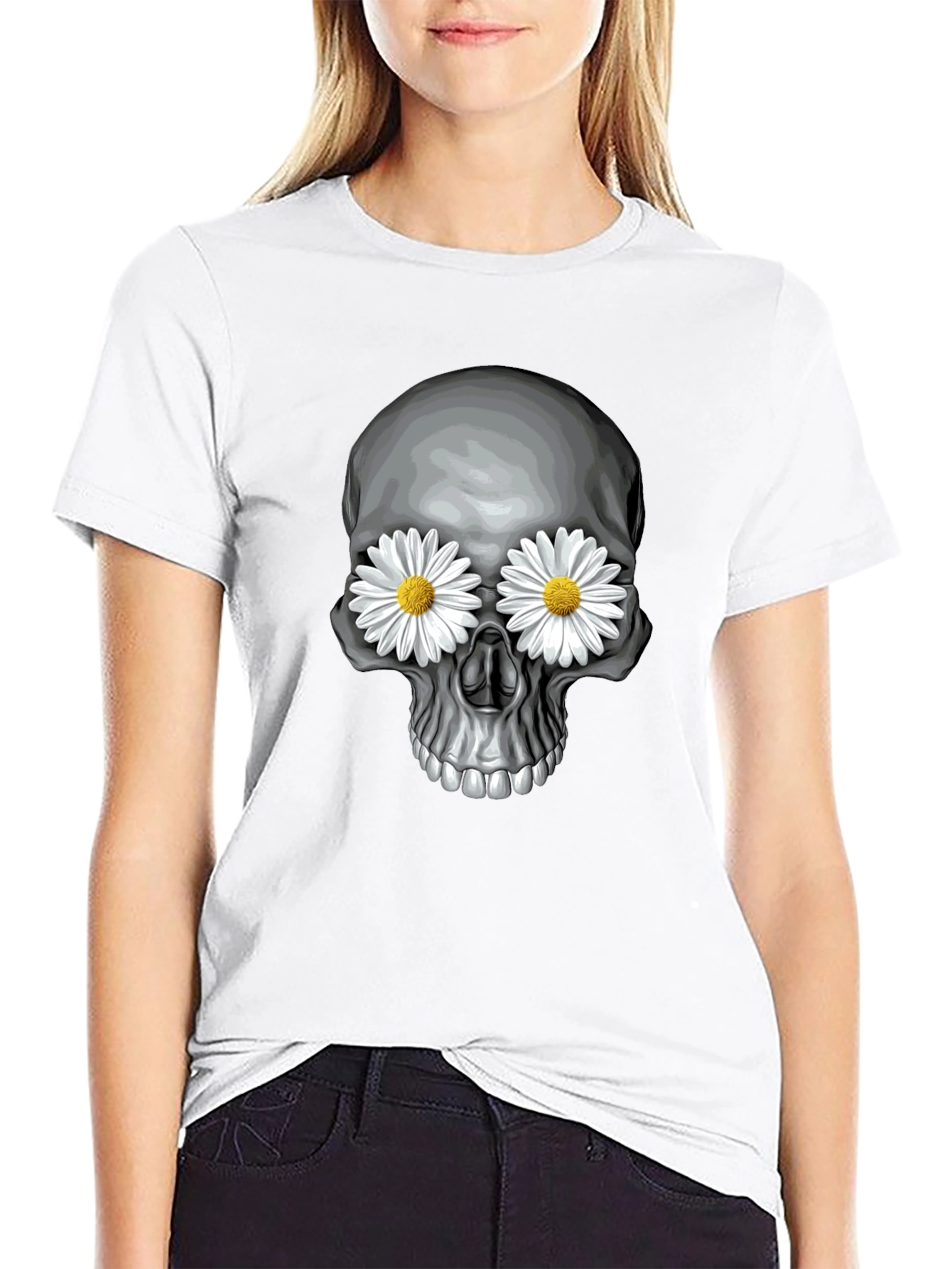 Skull with Daisy Eyes Graphic Tee - Black