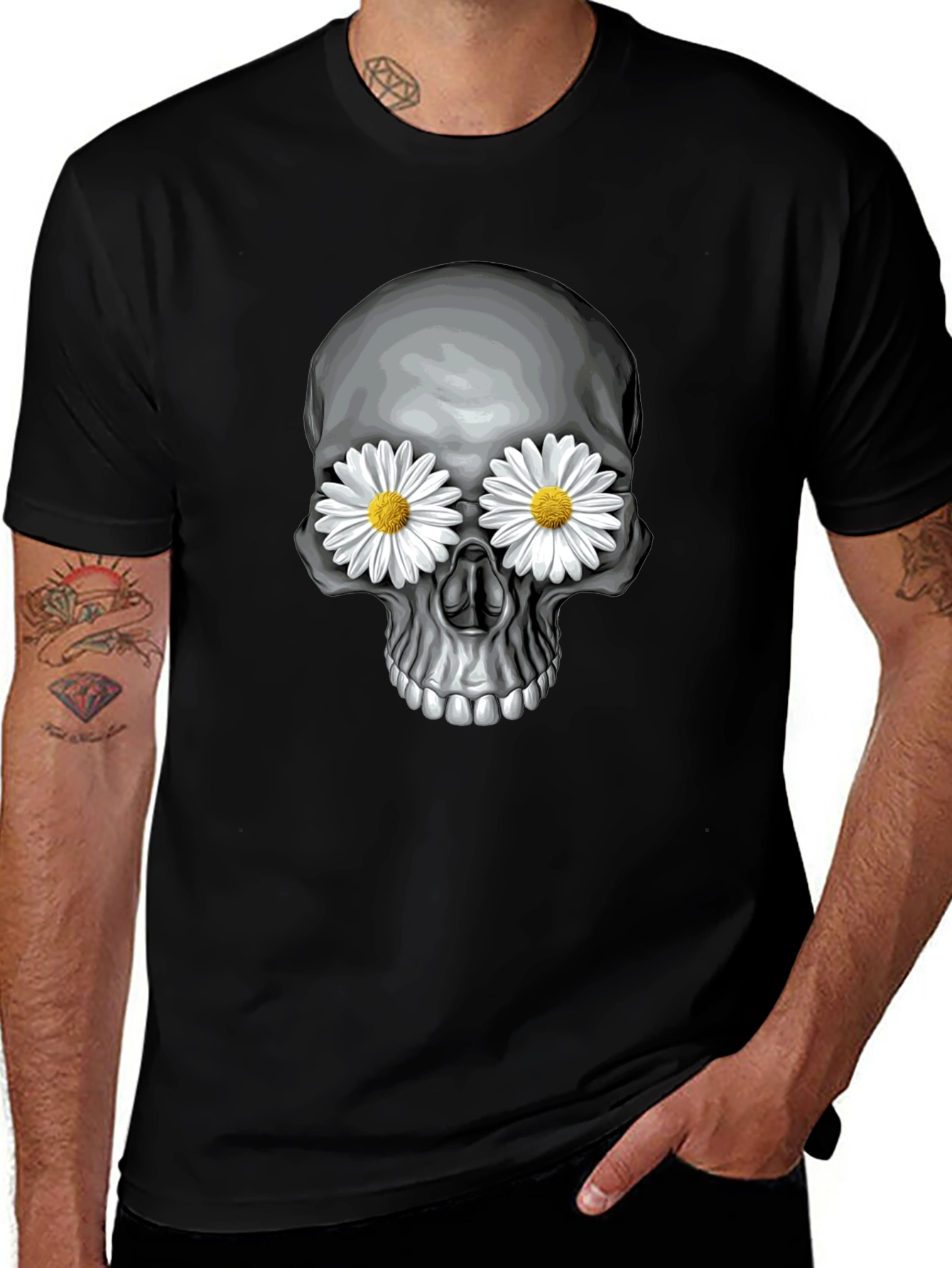 Skull with Daisy Eyes Graphic Tee - Black