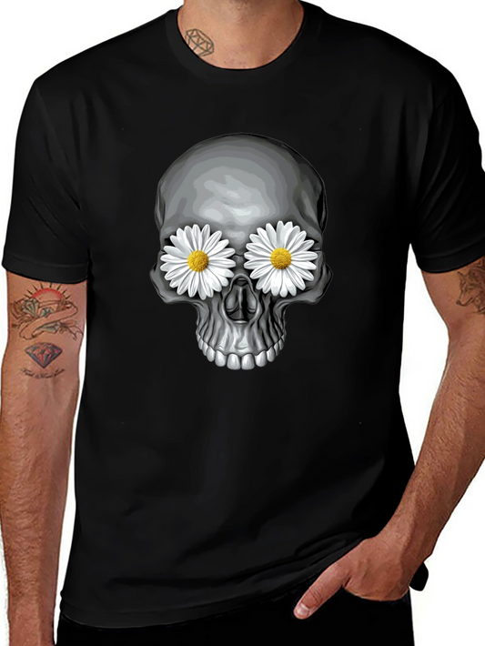 Skull with Daisy Eyes Graphic Tee - Black