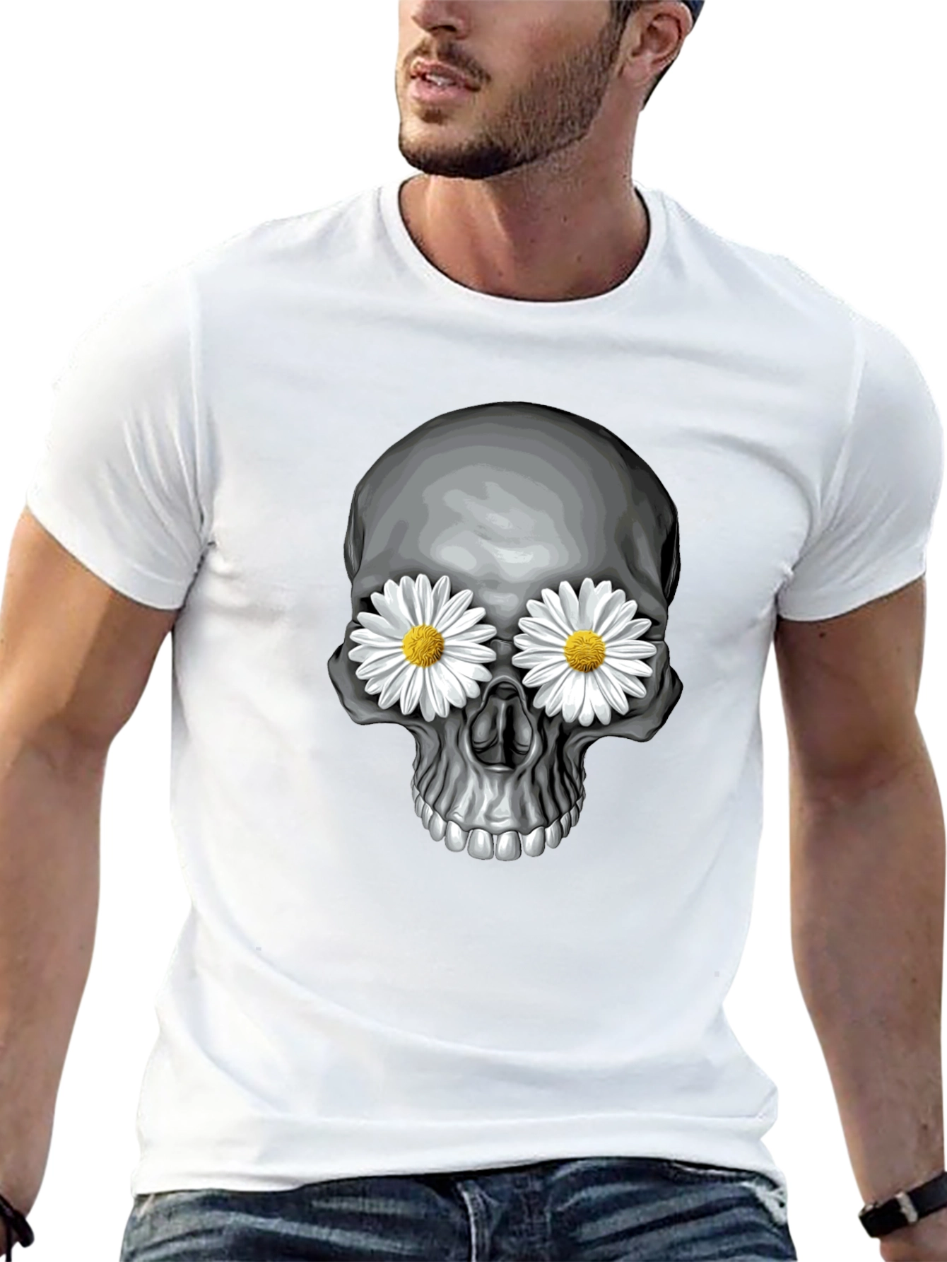 Skull with Daisy Eyes Graphic Tee - Black
