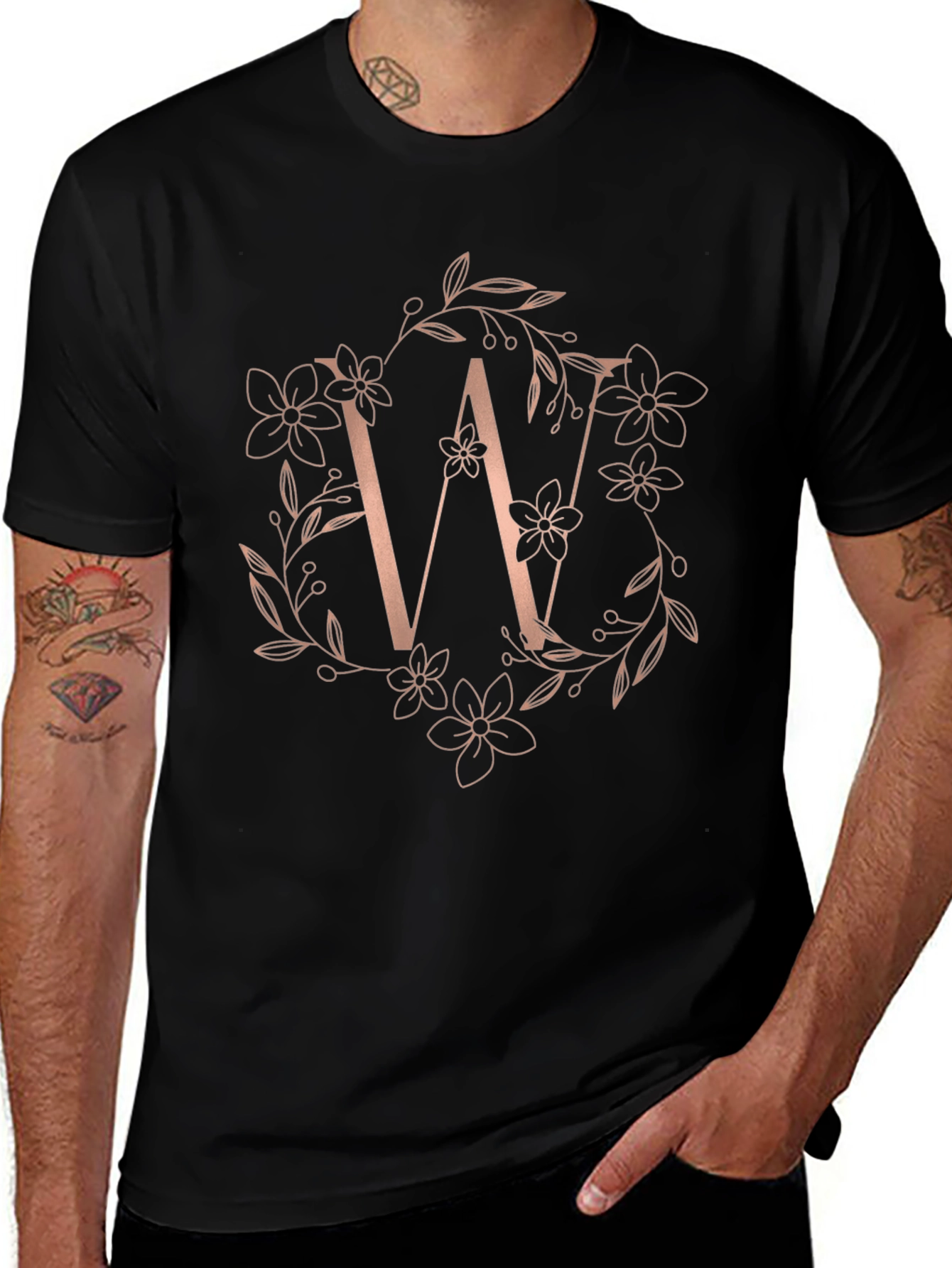 Floral Letter W Black T-Shirt