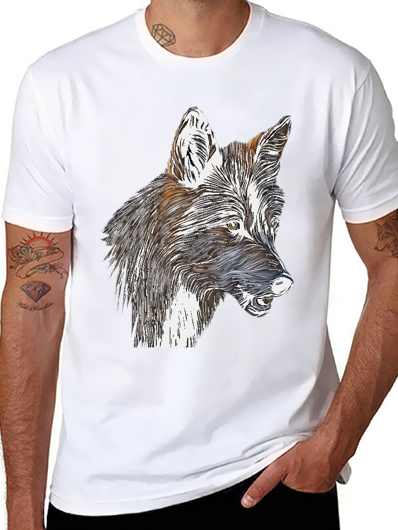 Stylized Wolf Graphic Print Black T-Shirt