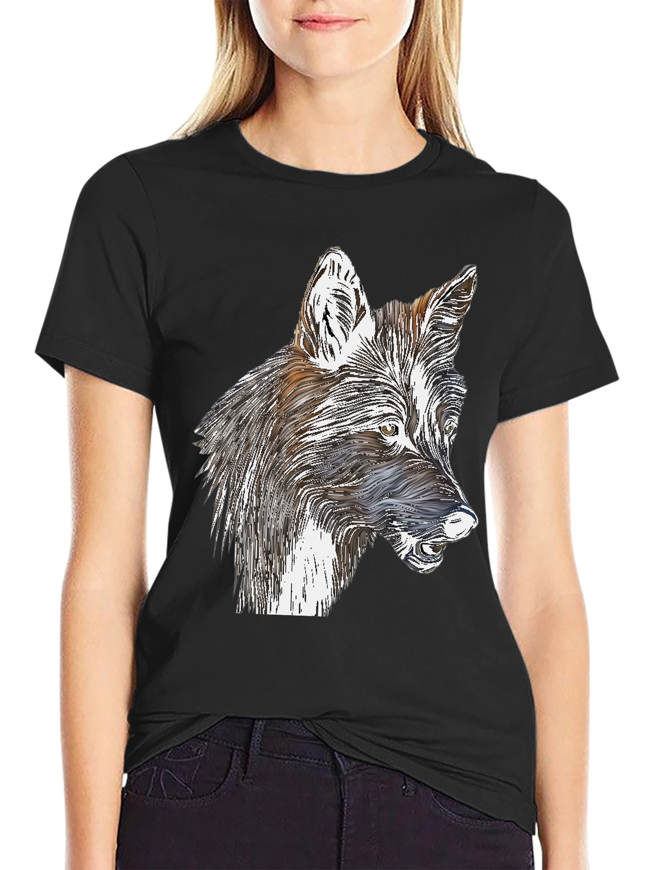 Stylized Wolf Graphic Print Black T-Shirt